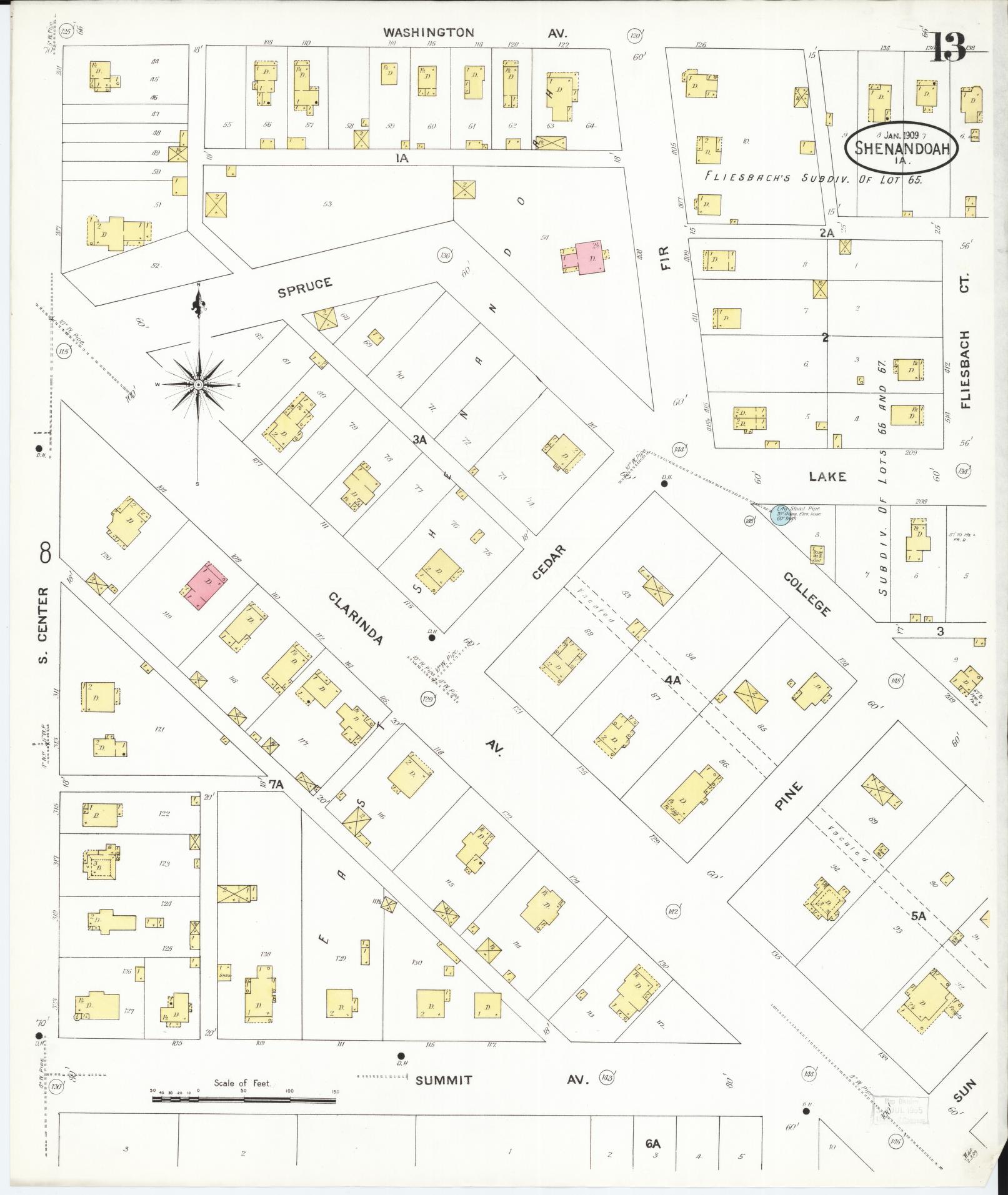 Sanborn Fire Insurance Map from Shenandoah, Page County, Iowa (1909), Sheet #0013 - Historic Sanborn Fire Insurance Map Print, vintage old map wall art