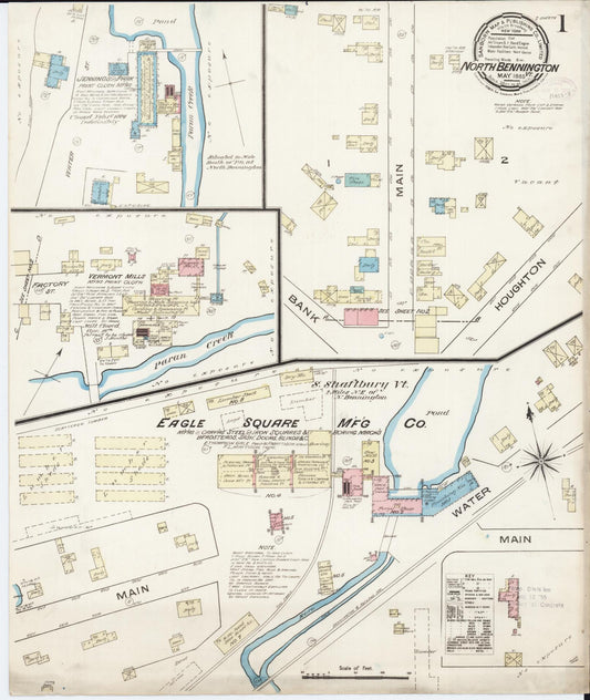 Sanborn Fire Insurance Map from North Bennington, Bennington County, Vermont (1885), Sheet #0001 - Historic Sanborn Fire Insurance Map Print, vintage old map wall art, antique decor, genealogy gift, Vermont Vermont map