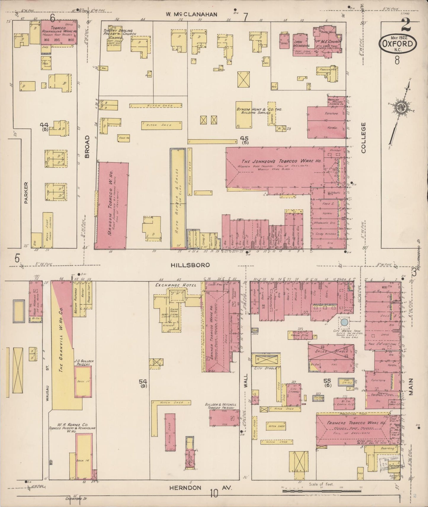 Sanborn Fire Insurance Map from Oxford, Granville County, North Carolina (1922), Sheet #0002 - Complete Map Set gallery image, historic Sanborn map, vintage wall art, North Carolina North Carolina