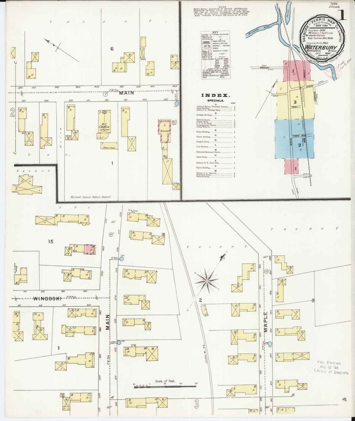 Sanborn Fire Insurance Map from Waterbury, Washington County, Vermont (1894), Sheet #0001 - Historic Sanborn Fire Insurance Map Print, vintage old map wall art, antique decor, genealogy gift, Vermont Vermont map