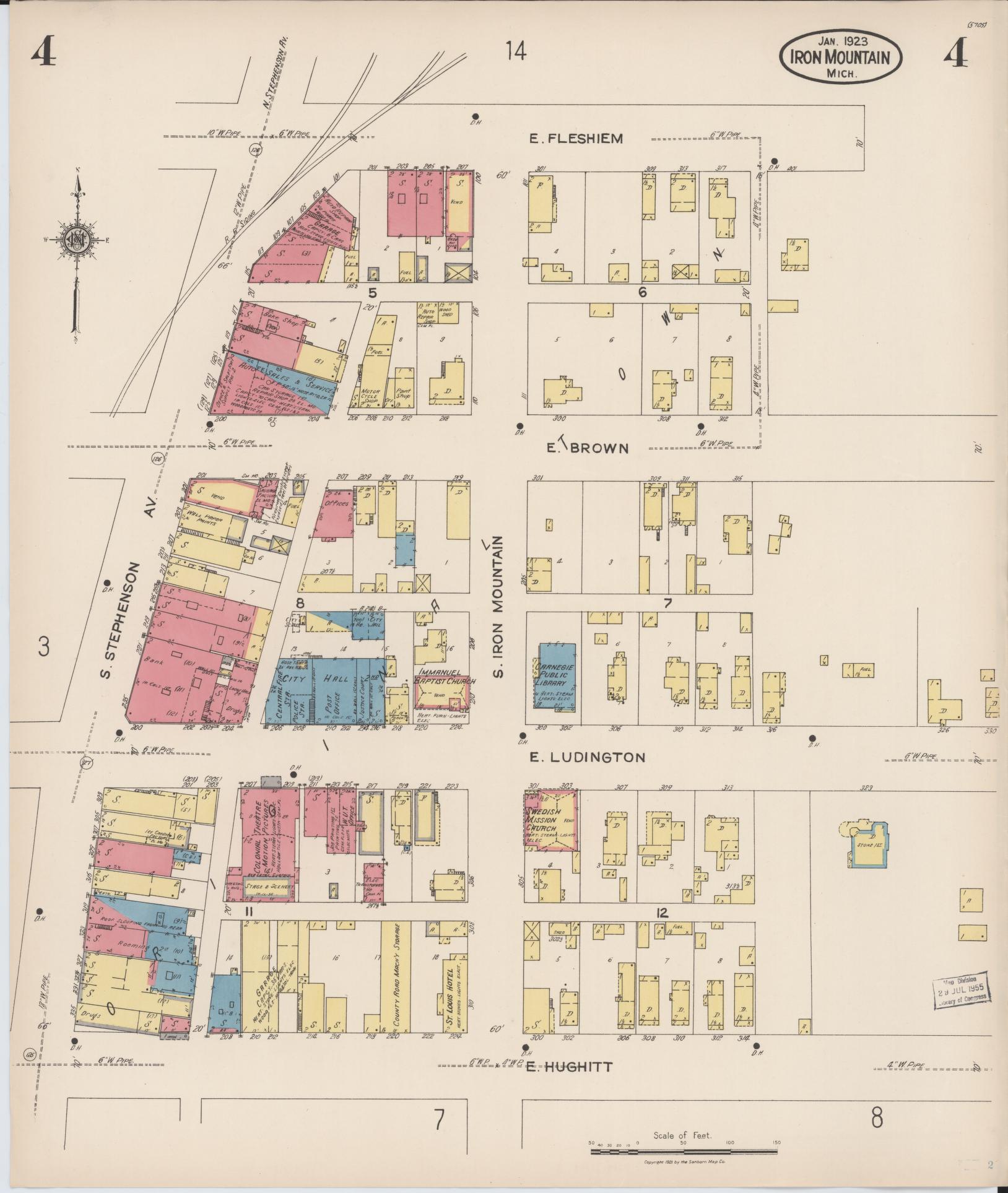 Sanborn Fire Insurance Map from Iron Mountain, Dickinson County, Michigan (1923), Sheet #0004 - Historic Sanborn Fire Insurance Map Print, vintage old map wall art, antique decor, genealogy gift, Michigan Michigan map