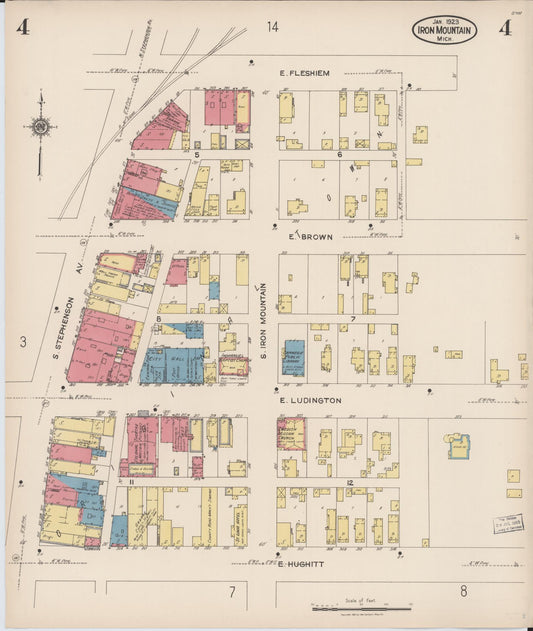 Sanborn Fire Insurance Map from Iron Mountain, Dickinson County, Michigan (1923), Sheet #0004 - Historic Sanborn Fire Insurance Map Print, vintage old map wall art, antique decor, genealogy gift, Michigan Michigan map