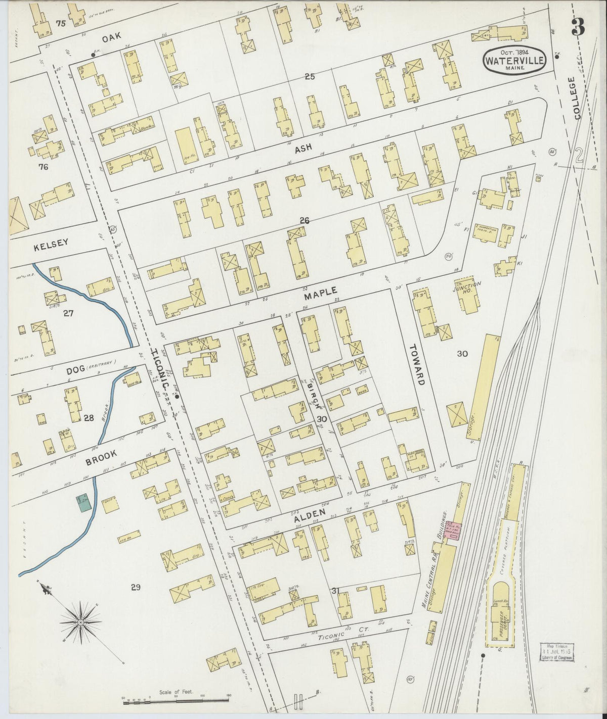 Sanborn Fire Insurance Map from Waterville, Kennebec County, Maine (1894), Sheet #0003 - Historic Sanborn Fire Insurance Map Print, vintage old map wall art, antique decor, genealogy gift, Maine Maine map