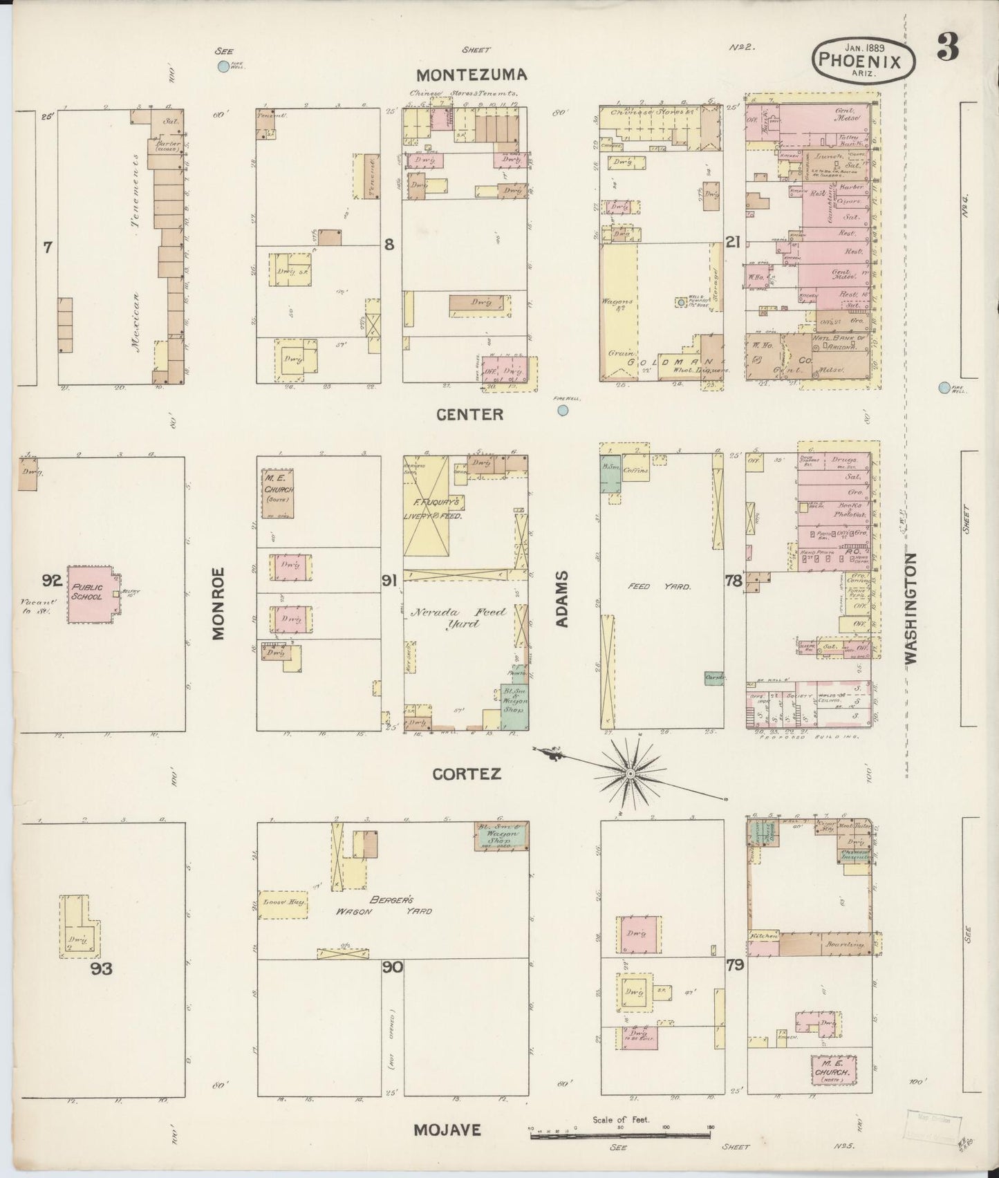 Sanborn Fire Insurance Map from Phoenix, Maricopa County, Arizona (1889), Sheet #0003 - Historic Sanborn Fire Insurance Map Print, vintage old map wall art, antique decor, genealogy gift, Arizona Arizona map