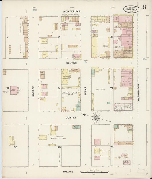 Sanborn Fire Insurance Map from Phoenix, Maricopa County, Arizona (1889), Sheet #0003 - Historic Sanborn Fire Insurance Map Print, vintage old map wall art, antique decor, genealogy gift, Arizona Arizona map