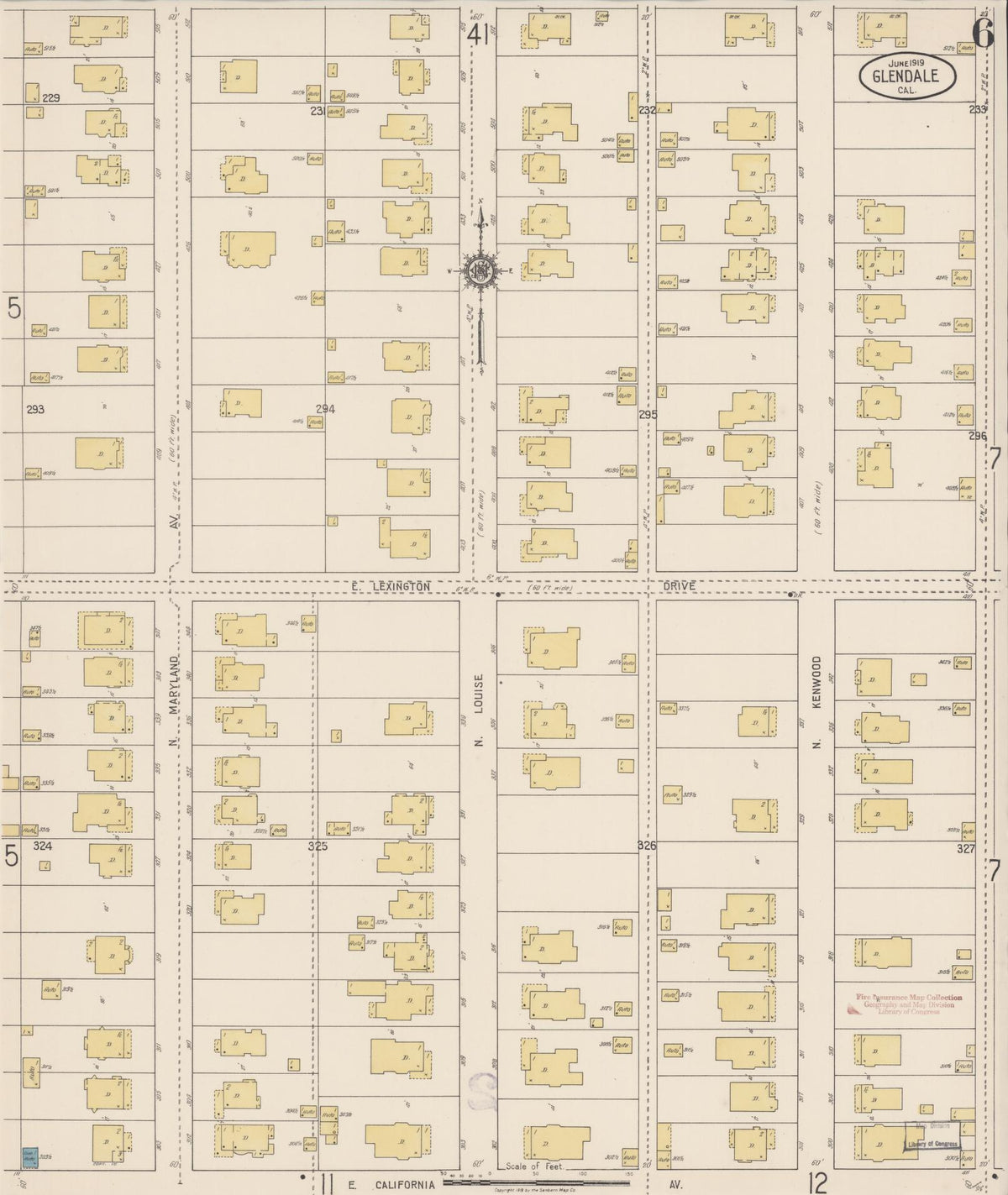 Sanborn Fire Insurance Map from Glendale, Los Angeles County, California (1919), Sheet #0006 - Complete Map Set gallery image, historic Sanborn map, vintage wall art, California California