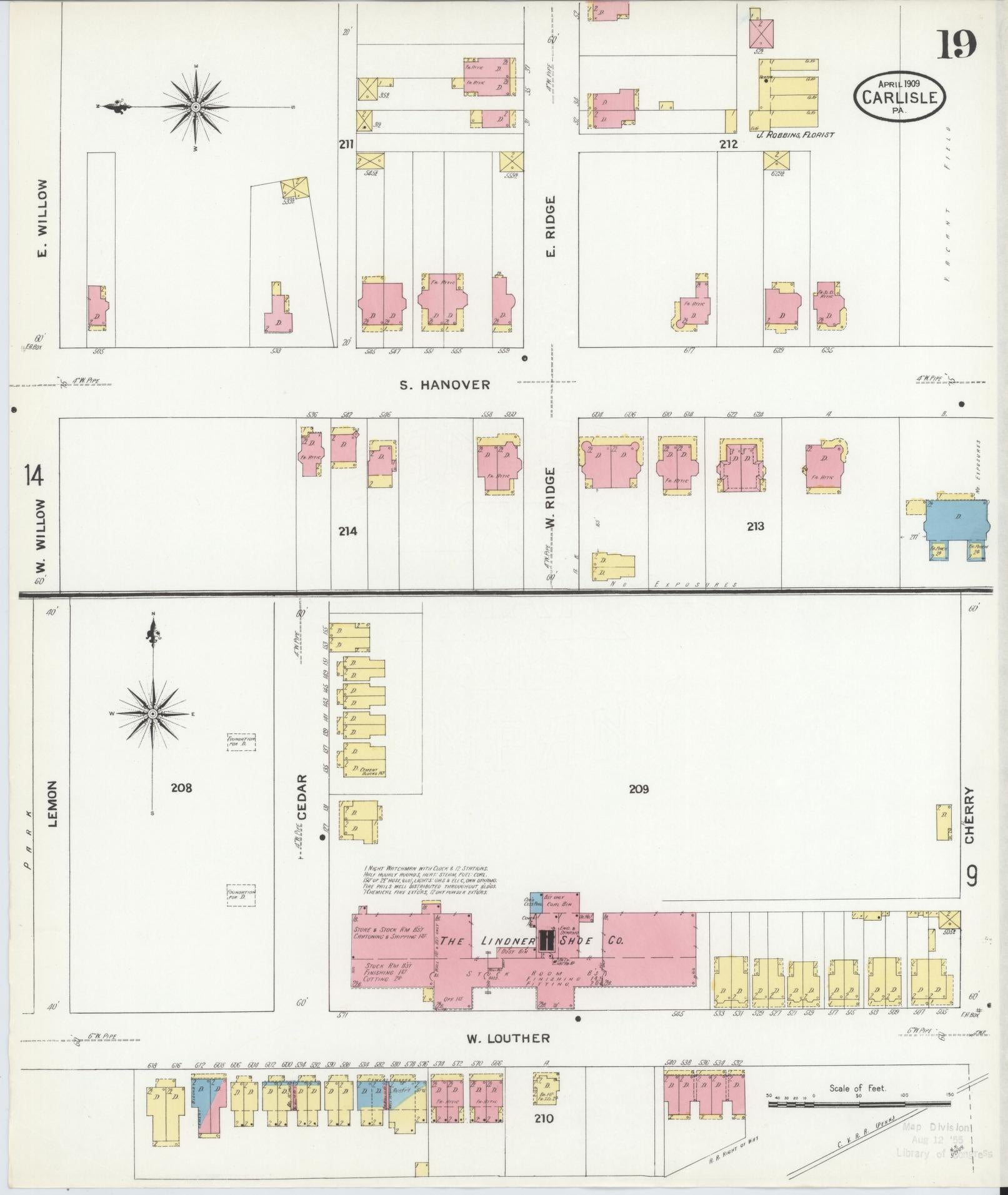 Sanborn Fire Insurance Map from Carlisle, Cumberland County, Pennsylvania (1909), Sheet #0019 - Historic Sanborn Fire Insurance Map Print, vintage old map wall art, antique decor, genealogy gift, Pennsylvania Pennsylvania map