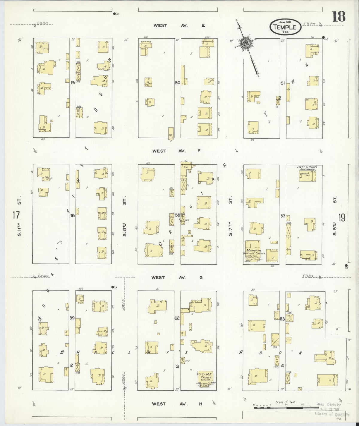 Sanborn Fire Insurance Map from Temple, Bell County, Texas (1910), Sheet #0018 - Historic Sanborn Fire Insurance Map Print, vintage old map wall art, antique decor, genealogy gift, Texas Texas map