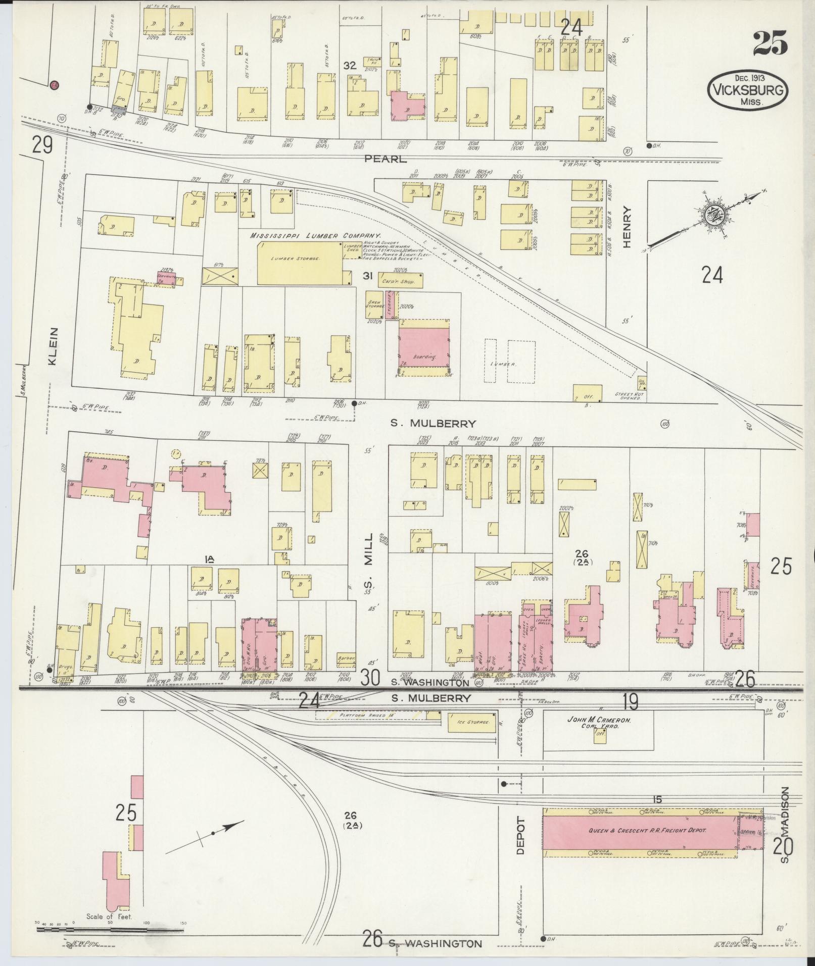Sanborn Fire Insurance Map from Vicksburg, Warren County, Mississippi (1913), Sheet #0025 - Complete Map Set gallery image, historic Sanborn map, vintage wall art, Mississippi Mississippi