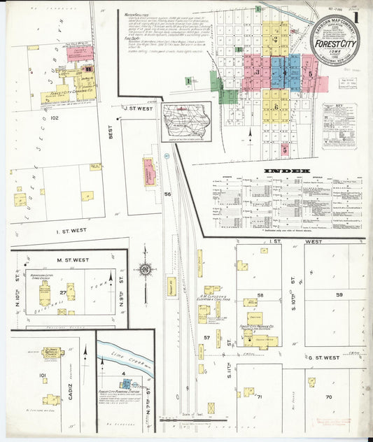 Sanborn Fire Insurance Map from Forest City, Winnebago County, Iowa (1916), Sheet #0001 - Historic Sanborn Fire Insurance Map Print, vintage old map wall art