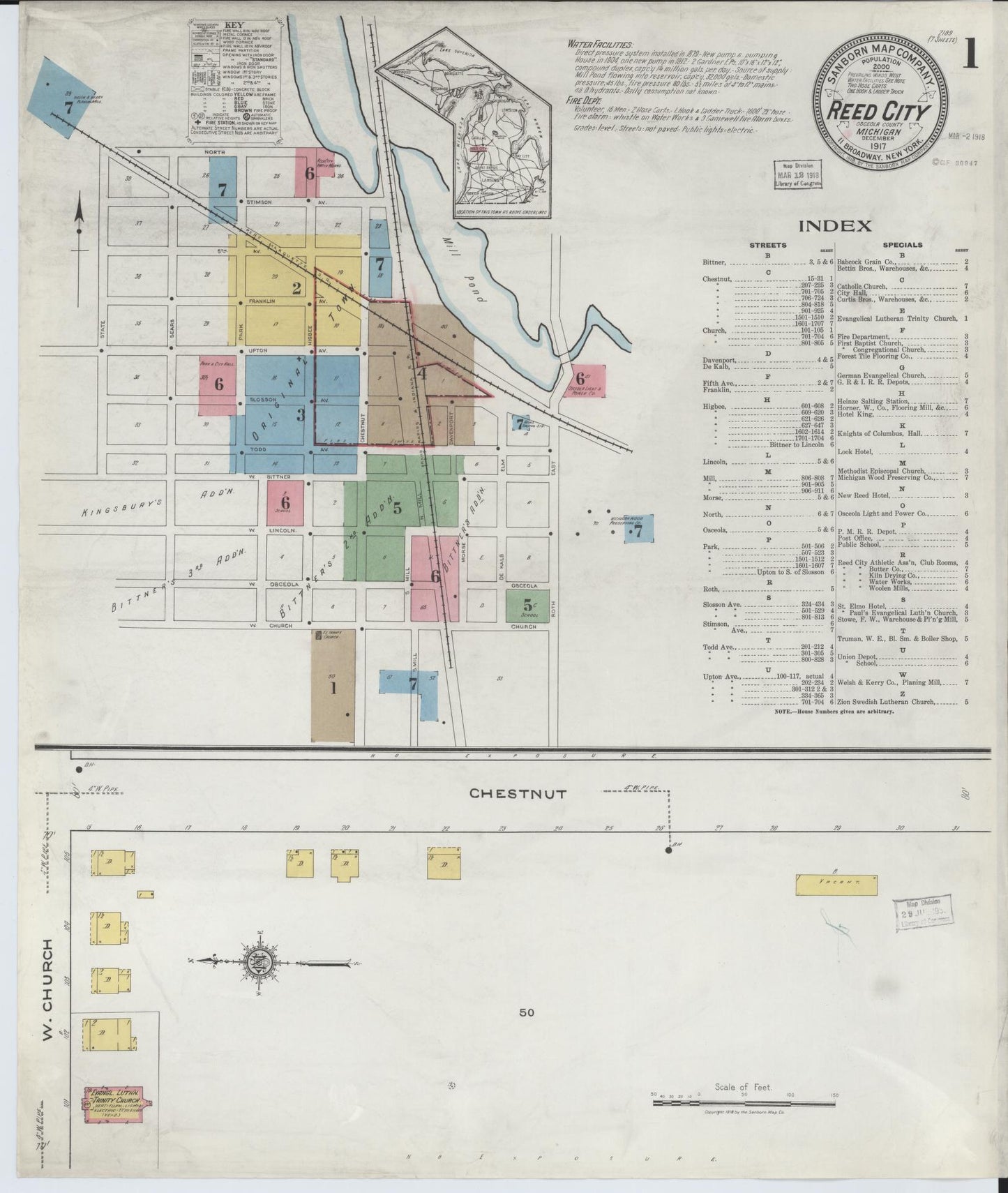 Sanborn Fire Insurance Map from Reed City, Osceola County, Michigan (1917), Sheet #0001 - Complete Map Set gallery image, historic Sanborn map, vintage wall art, Michigan Michigan