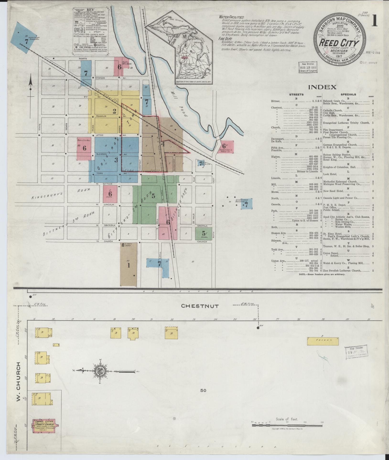 Sanborn Fire Insurance Map from Reed City, Osceola County, Michigan (1917), Sheet #0001 - Complete Map Set gallery image, historic Sanborn map, vintage wall art, Michigan Michigan