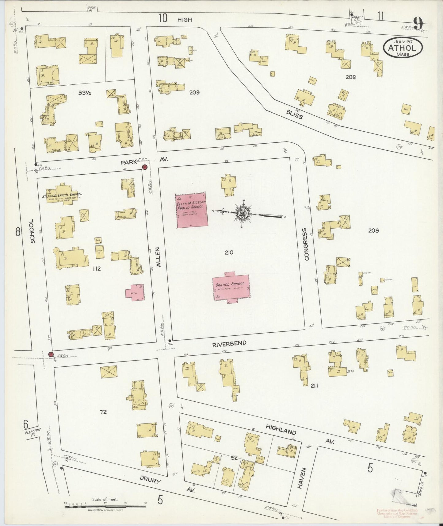Sanborn Fire Insurance Map from Athol, Worcester County, Massachusetts (1917), Sheet #0009 - Complete Map Set gallery image, historic Sanborn map, vintage wall art, Massachusetts Massachusetts