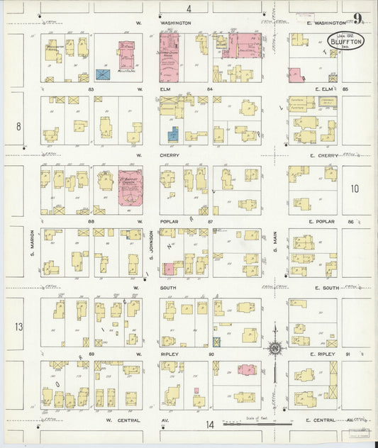 Sanborn Fire Insurance Map from Bluffton, Wells County, Indiana (1912), Sheet #0009 - Historic Sanborn Fire Insurance Map Print, vintage old map wall art, antique decor, genealogy gift, Indiana Indiana map