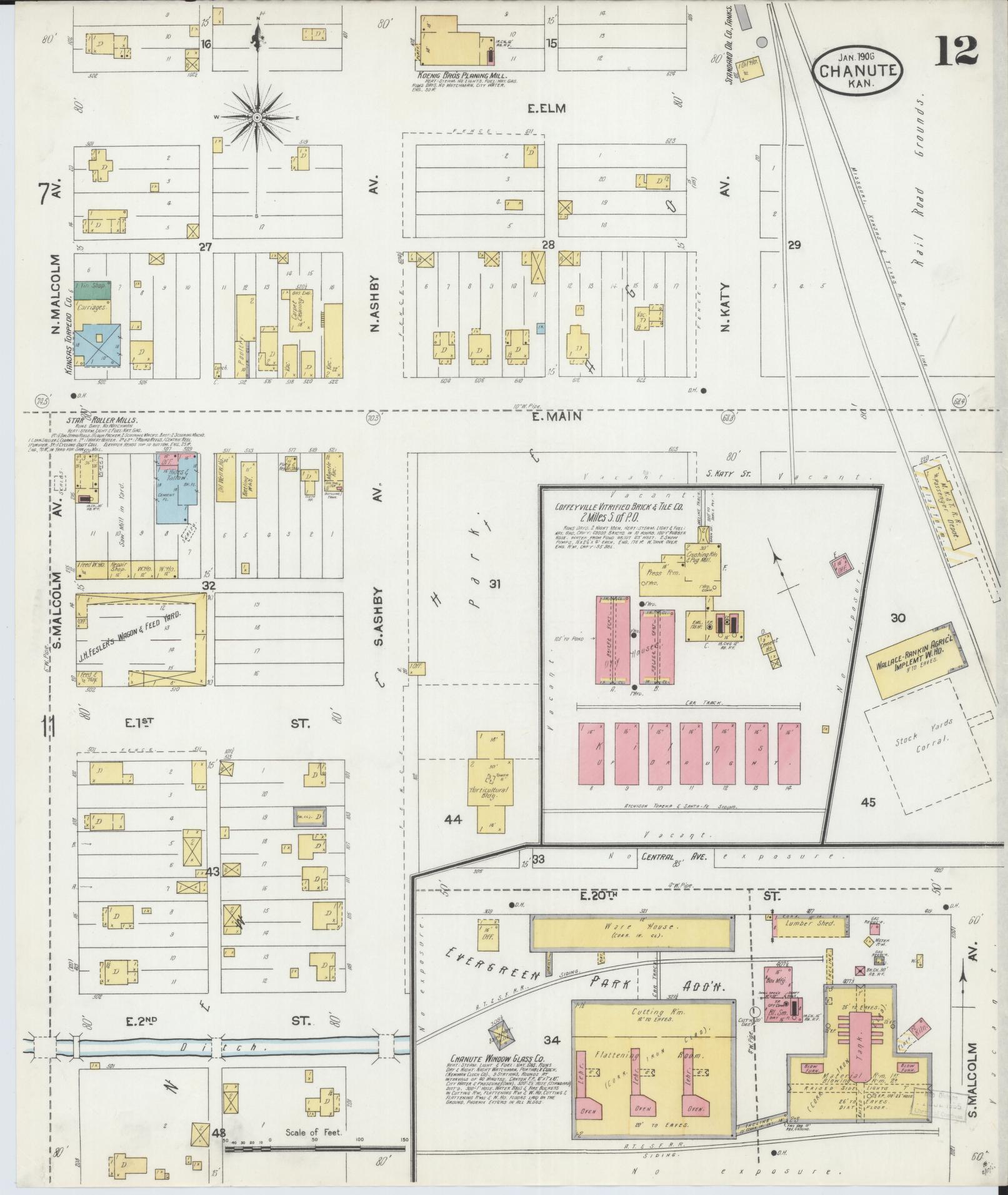Sanborn Fire Insurance Map from Chanute, Neosho County, Kansas (1906), Sheet #0012 - Historic Sanborn Fire Insurance Map Print, vintage old map wall art, antique decor, genealogy gift, Kansas Kansas map