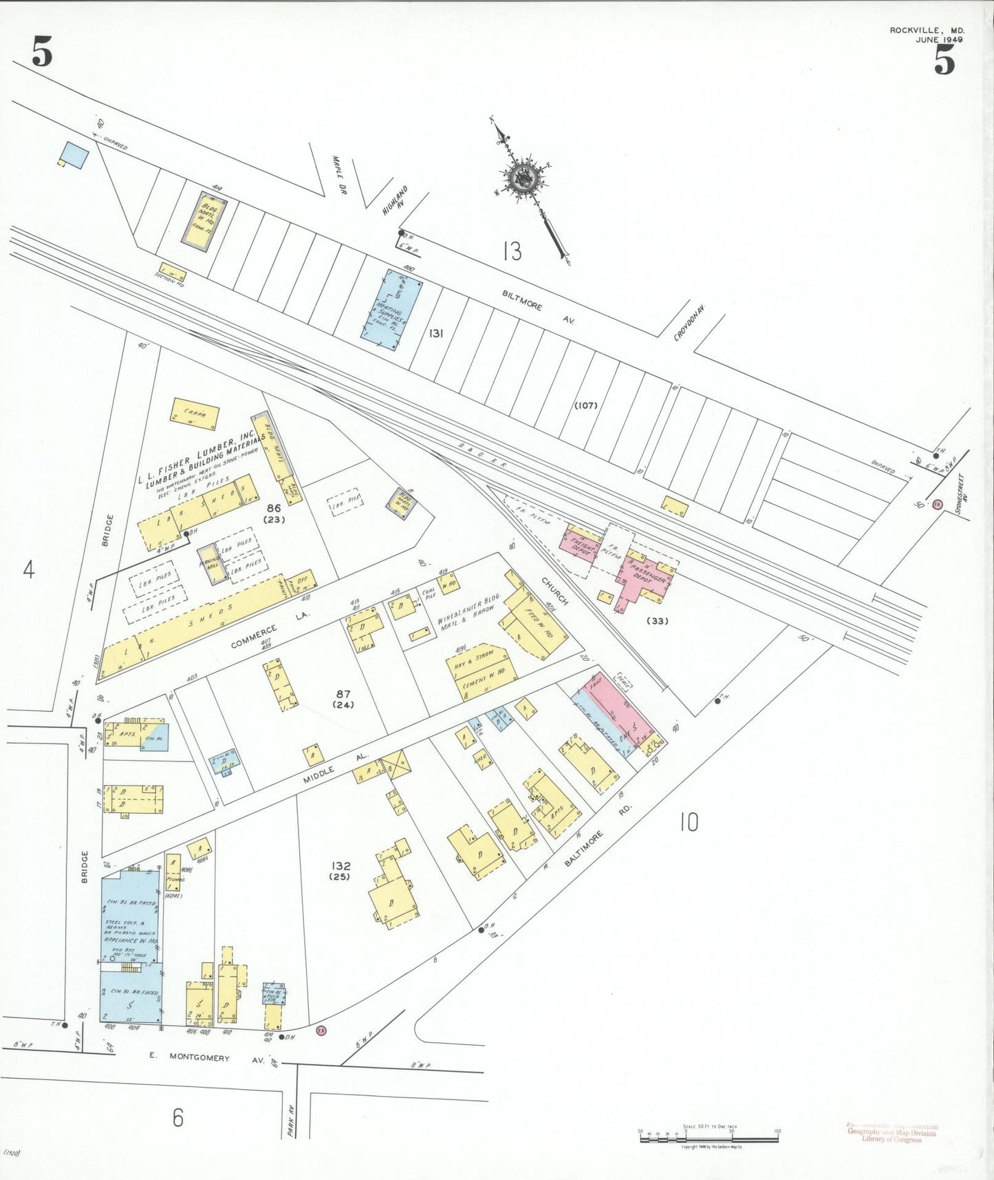 Sanborn Fire Insurance Map from Rockville, Montgomery County, Maryland (1949), Sheet #0005 - Historic Sanborn Fire Insurance Map Print, vintage old map wall art