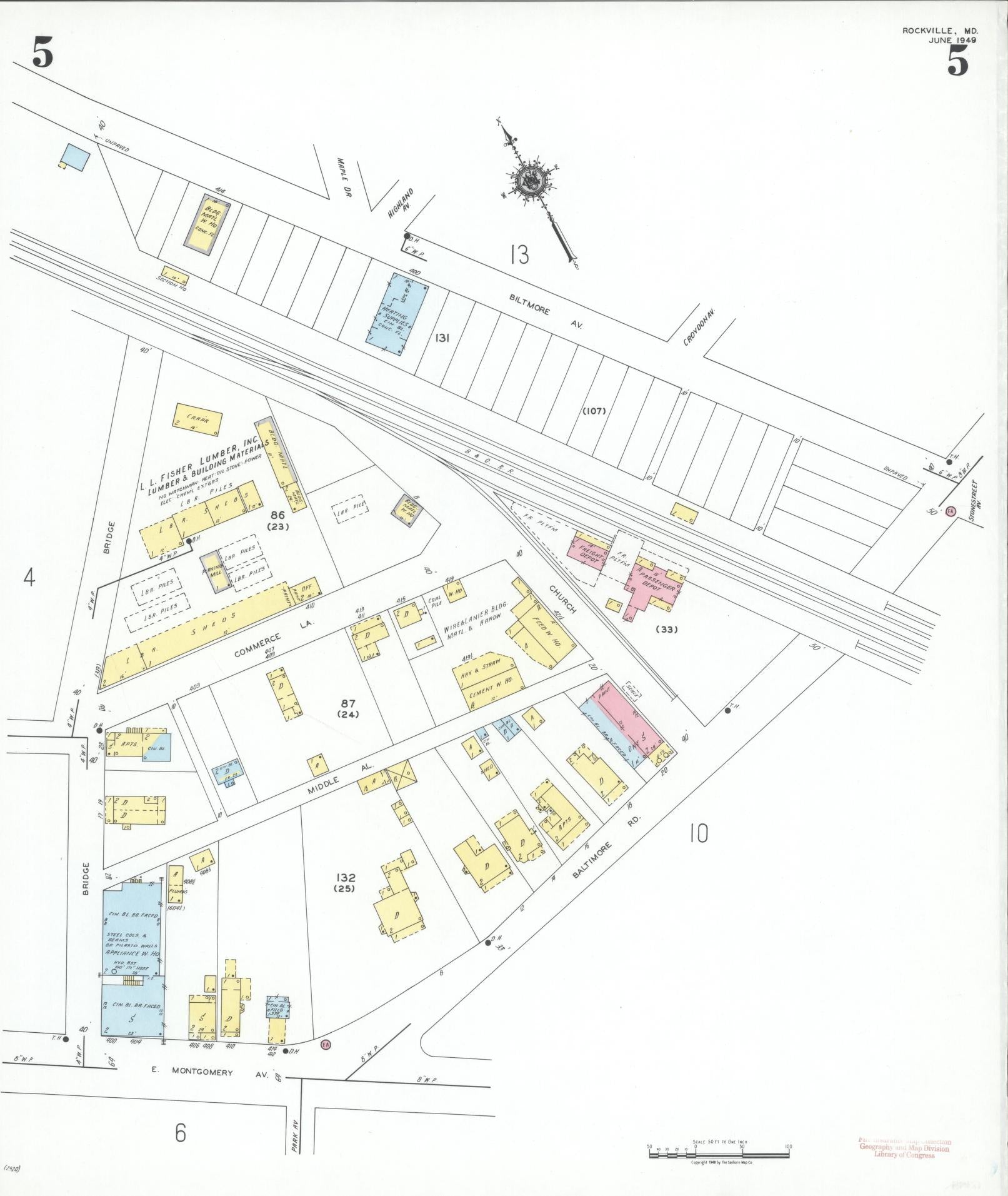 Sanborn Fire Insurance Map from Rockville, Montgomery County, Maryland (1949), Sheet #0005 - Historic Sanborn Fire Insurance Map Print, vintage old map wall art