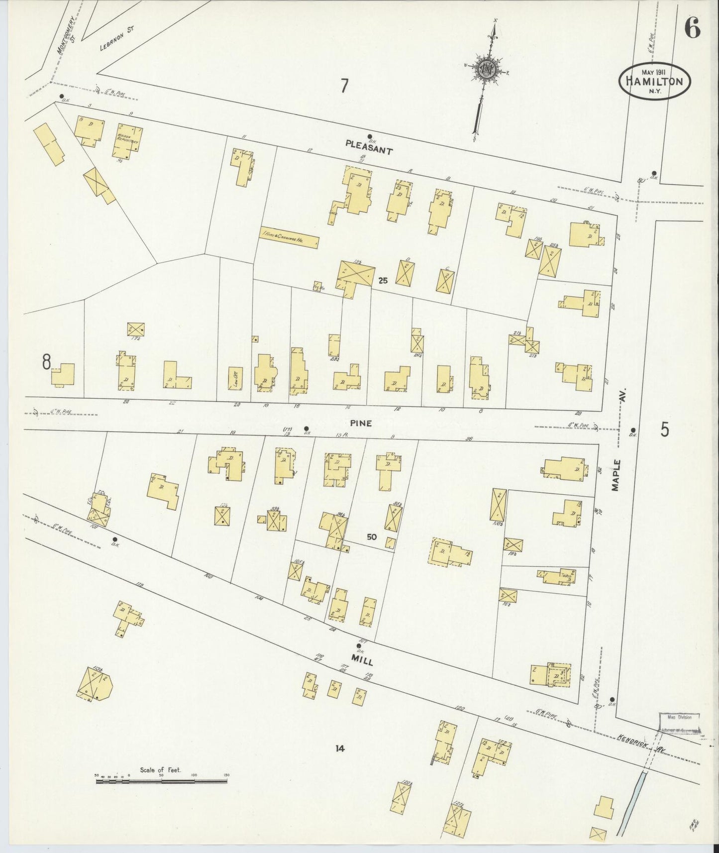 Sanborn Fire Insurance Map from Hamilton, Madison County, New York (1911), Sheet #0006 - Historic Sanborn Fire Insurance Map Print, vintage old map wall art, antique decor, genealogy gift, New York New York map