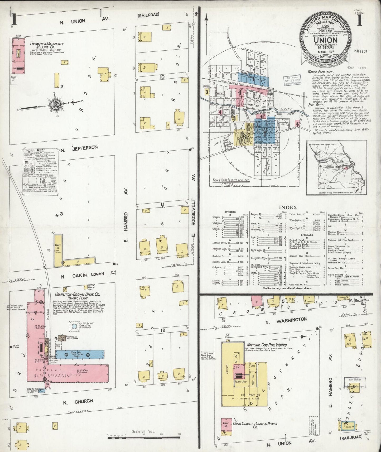 Sanborn Fire Insurance Map from Union, Franklin County, Missouri (1927), Sheet #0001 - Complete Map Set gallery image, historic Sanborn map, vintage wall art, Missouri Missouri