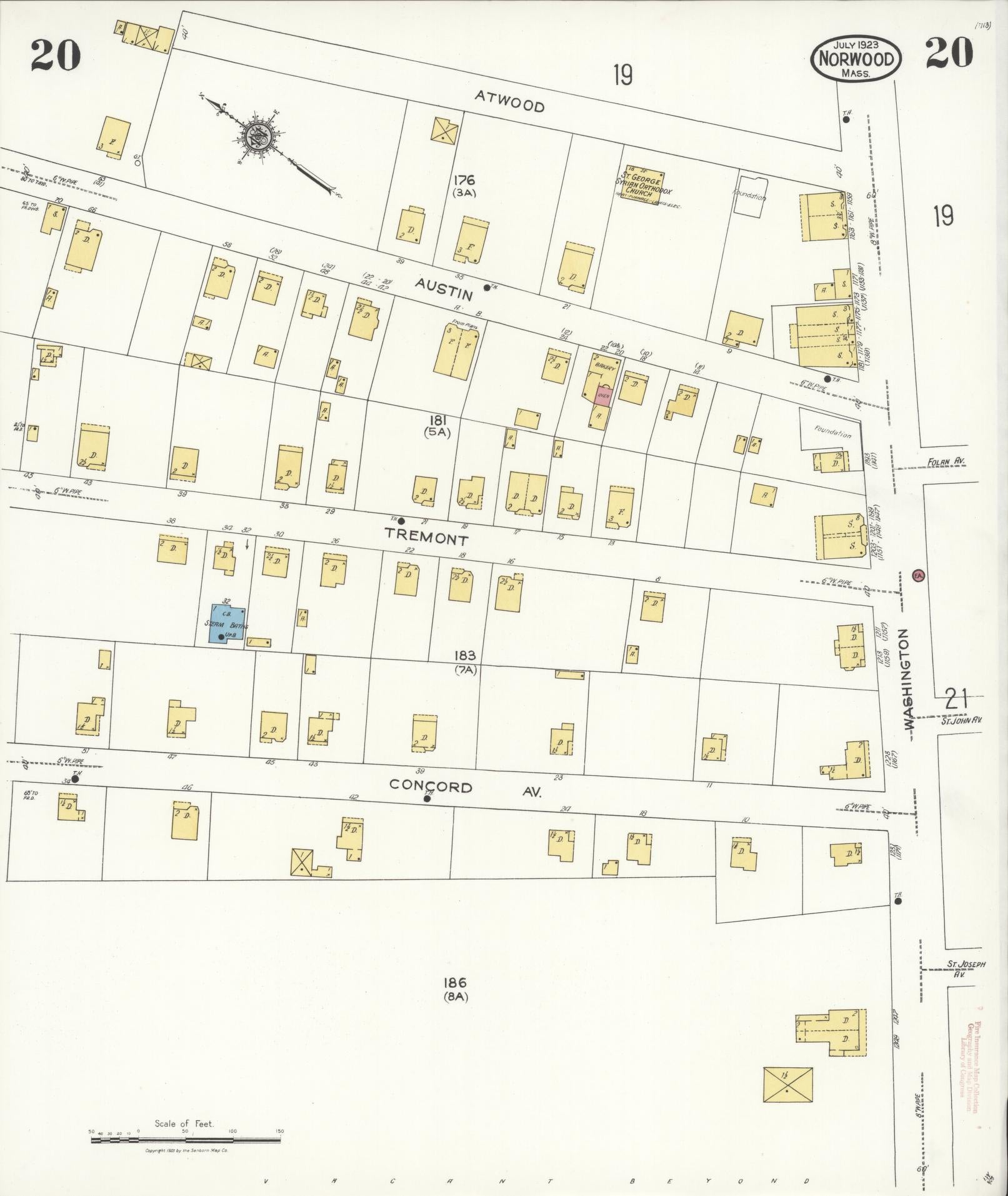 Sanborn Fire Insurance Map from Norwood, Norfolk County, Massachusetts (1923), Sheet #0020 - Historic Sanborn Fire Insurance Map Print, vintage old map wall art, antique decor, genealogy gift, Massachusetts Massachusetts map