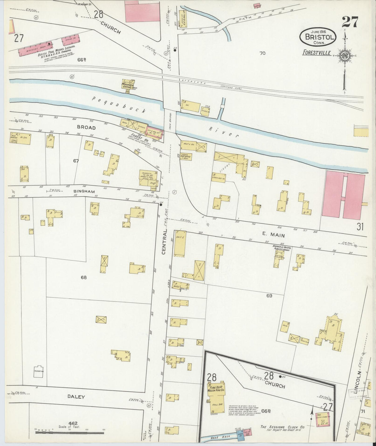 Sanborn Fire Insurance Map from Bristol, Hartford County, Connecticut (1916), Sheet #0027 - Historic Sanborn Fire Insurance Map Print, vintage old map wall art, antique decor, genealogy gift, Connecticut Connecticut map