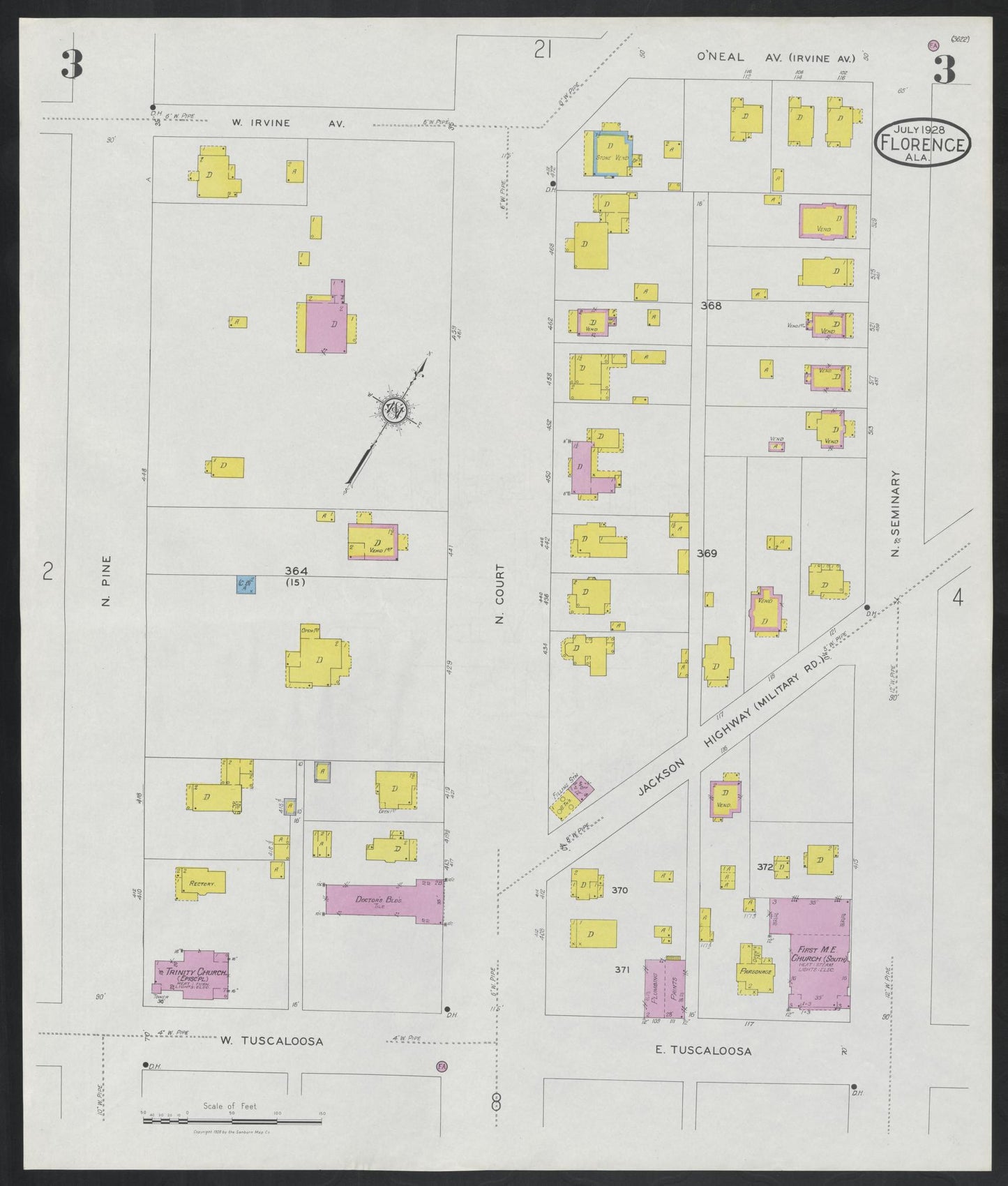 Sanborn Fire Insurance Map from Florence, Lauderdale County, Alabama (1928), Sheet #0003 - Complete Map Set gallery image, historic Sanborn map, vintage wall art, Alabama Alabama