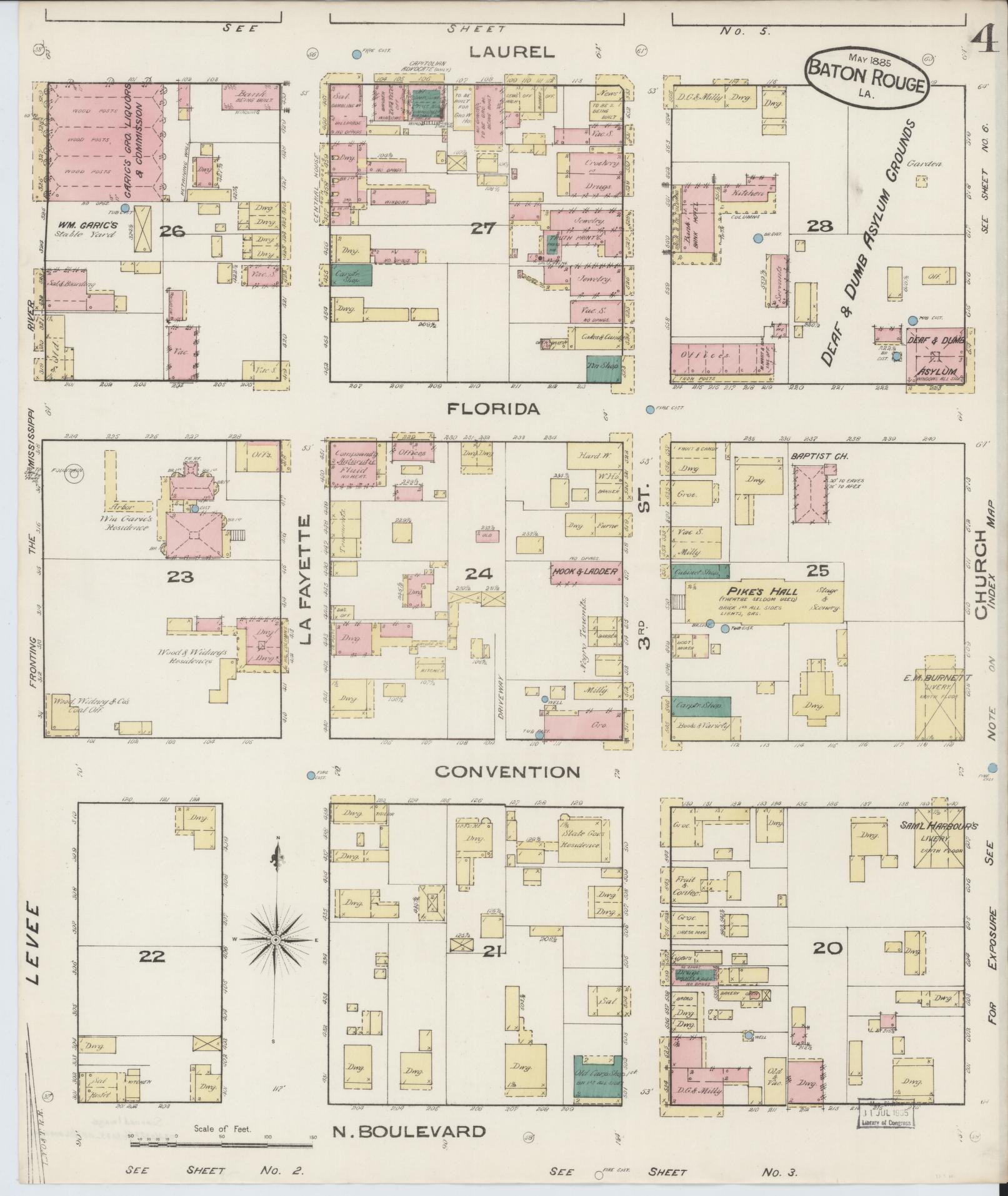 Sanborn Fire Insurance Map from Baton Rouge, East Baton Rouge Parish, Louisiana (1885), Sheet #0004 - Historic Sanborn Fire Insurance Map Print, vintage old map wall art, antique decor, genealogy gift, Louisiana Louisiana map