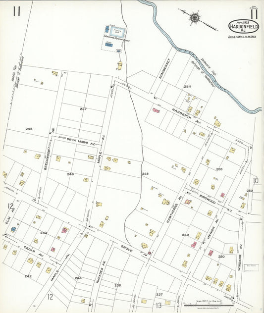 Sanborn Fire Insurance Map from Haddonfield, Camden County, New Jersey (1923), Sheet #0011 - Historic Sanborn Fire Insurance Map Print, vintage old map wall art, antique decor, genealogy gift, New Jersey New Jersey map