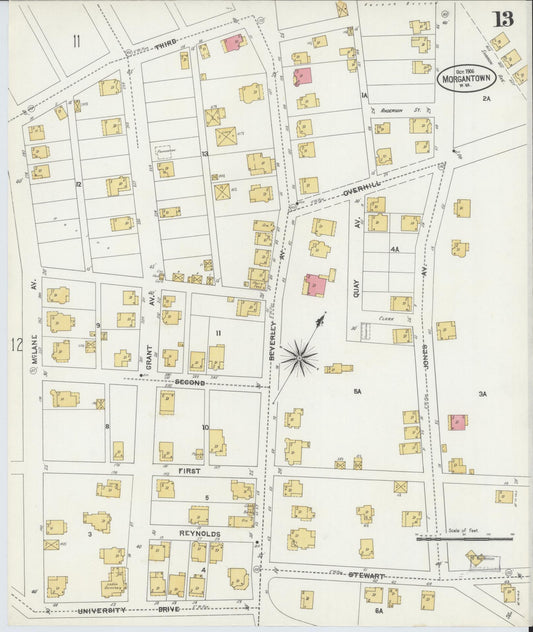 Sanborn Fire Insurance Map from Morgantown, Monongalia County, West Virginia (1906), Sheet #0013 - Historic Sanborn Fire Insurance Map Print, vintage old map wall art, antique decor, genealogy gift, West Virginia West Virginia map