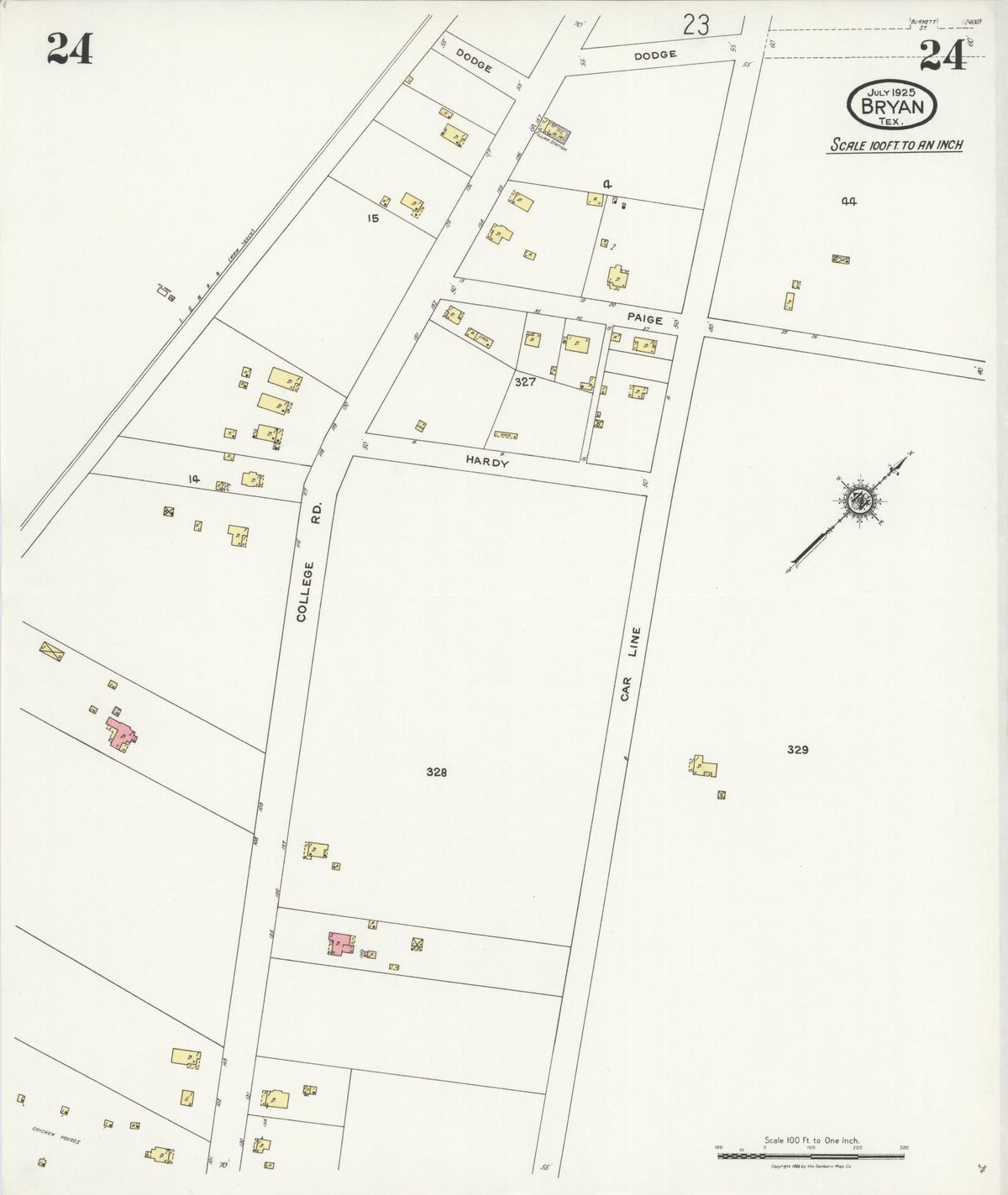 Sanborn Fire Insurance Map from Bryan, Brazos County, Texas (1925), Sheet #0024 - Historic Sanborn Fire Insurance Map Print, vintage old map wall art, antique decor, genealogy gift, Texas Texas map