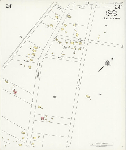 Sanborn Fire Insurance Map from Bryan, Brazos County, Texas (1925), Sheet #0024 - Historic Sanborn Fire Insurance Map Print, vintage old map wall art, antique decor, genealogy gift, Texas Texas map