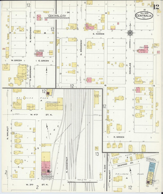Sanborn Fire Insurance Map from Centralia, Marion, Clinton, Jefferson, and Washington Counties, Illinois (1909), Sheet #0012 - Historic Sanborn Fire Insurance Map Print, vintage old map wall art, antique decor, genealogy gift, Illinois Illinois map