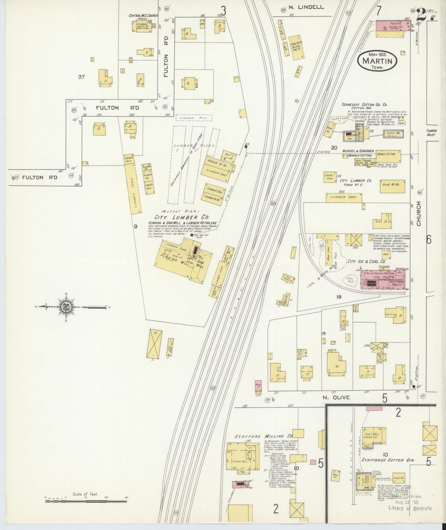 Sanborn Fire Insurance Map from Martin, Weakley County, Tennessee (1913), Sheet #0002 - Complete Map Set gallery image, historic Sanborn map, vintage wall art, Tennessee Tennessee