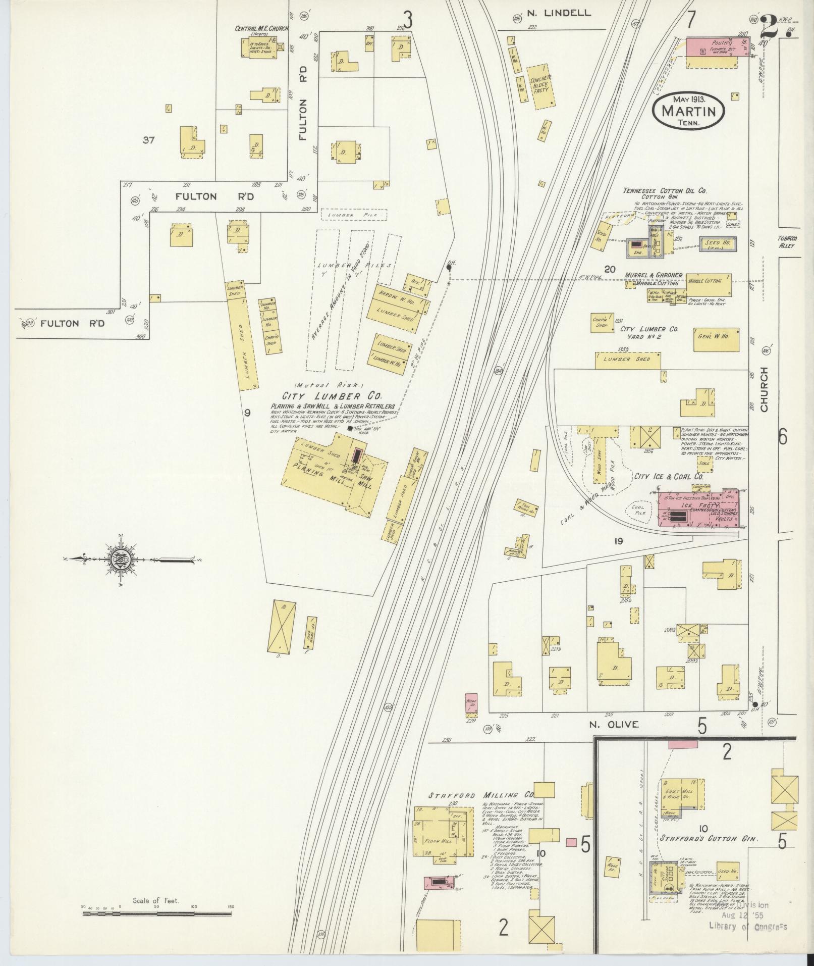 Sanborn Fire Insurance Map from Martin, Weakley County, Tennessee (1913), Sheet #0002 - Complete Map Set gallery image, historic Sanborn map, vintage wall art, Tennessee Tennessee