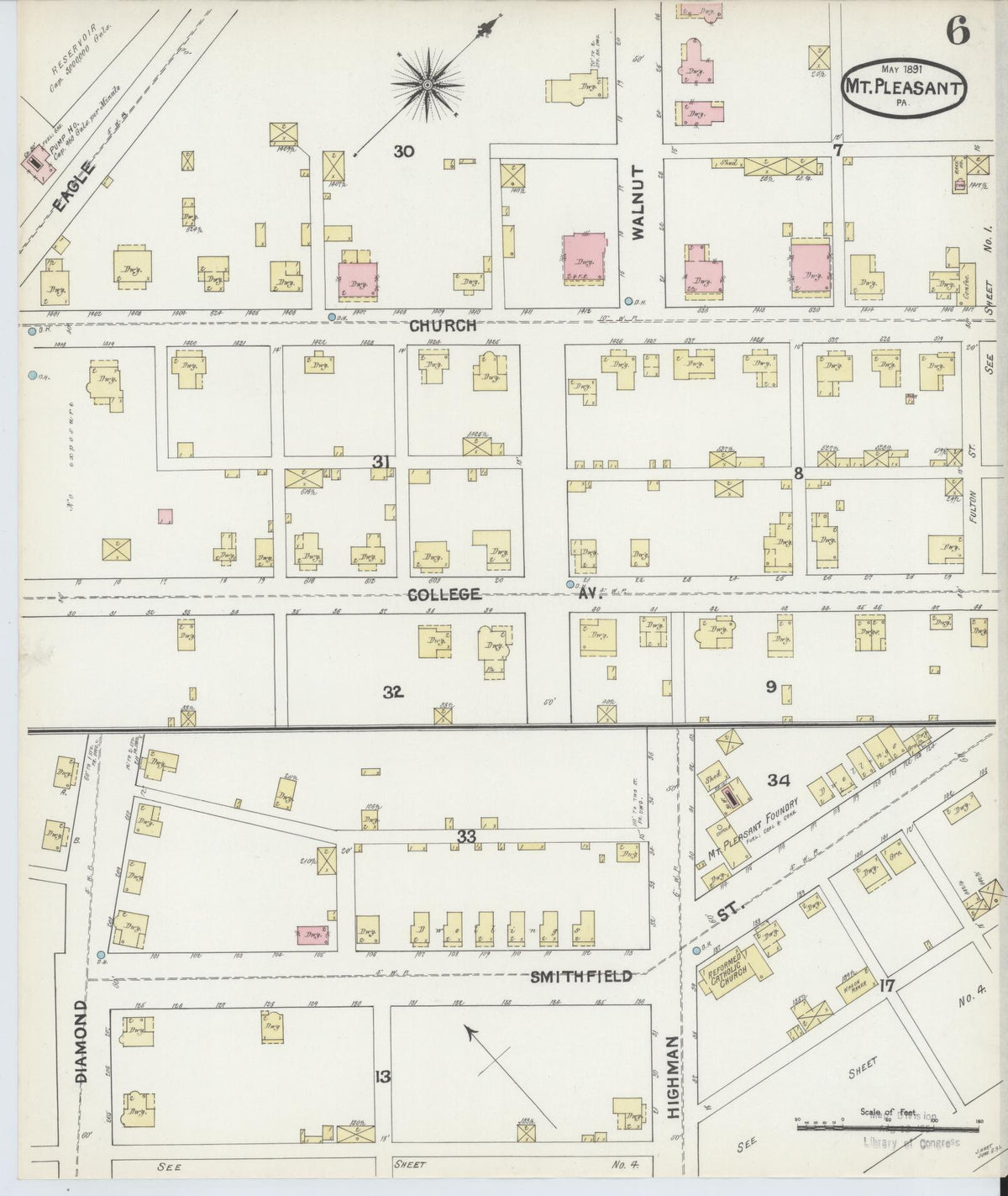 Sanborn Fire Insurance Map from Mount Pleasant, Westmoreland County, Pennsylvania (1891), Sheet #0006 - Complete Map Set gallery image, historic Sanborn map, vintage wall art, Pennsylvania Pennsylvania