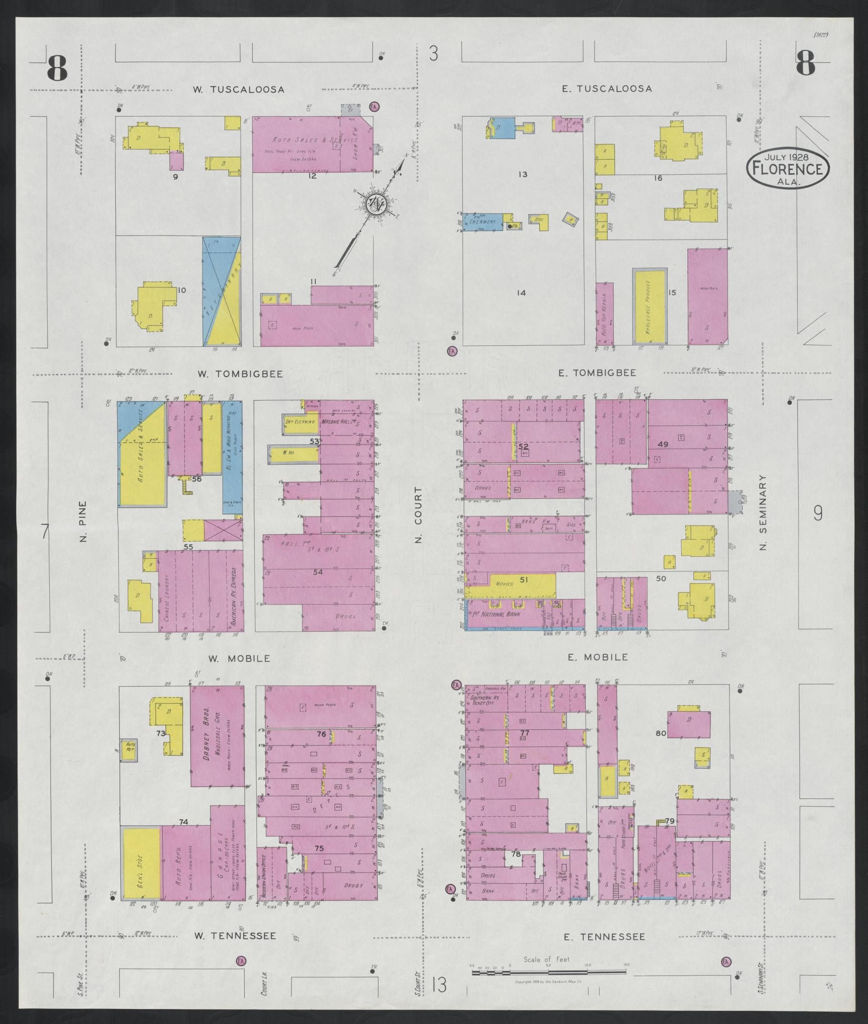Sanborn Fire Insurance Map from Florence, Lauderdale County, Alabama (1928), Sheet #0008 - Historic Sanborn Fire Insurance Map Print, vintage old map wall art, antique decor, genealogy gift, Alabama Alabama map
