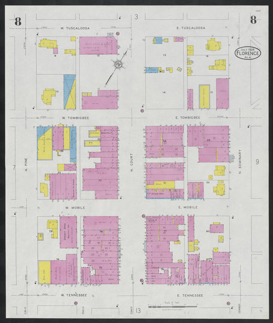 Sanborn Fire Insurance Map from Florence, Lauderdale County, Alabama (1928), Sheet #0008 - Historic Sanborn Fire Insurance Map Print, vintage old map wall art, antique decor, genealogy gift, Alabama Alabama map