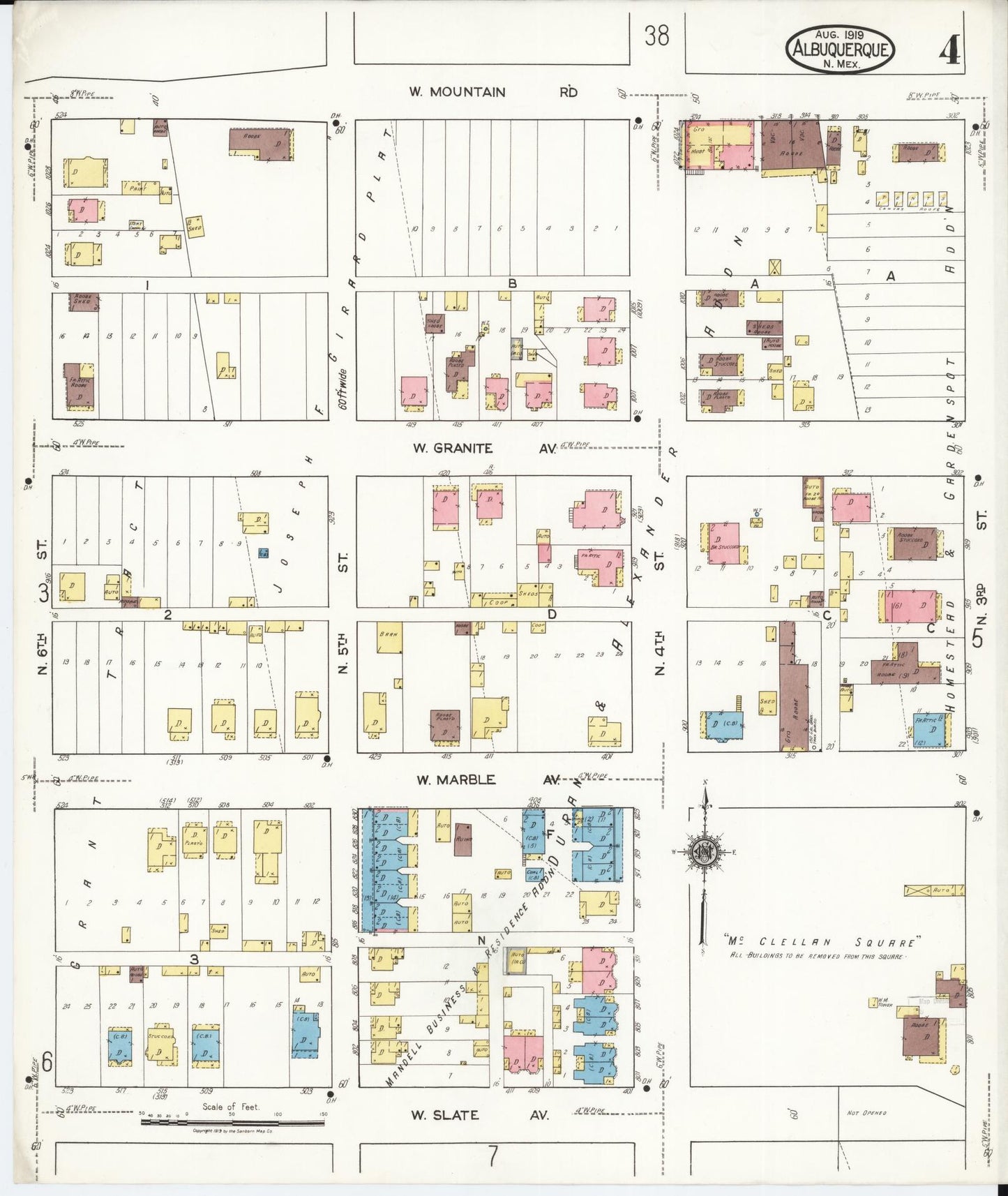 Sanborn Fire Insurance Map from Albuquerque, Bernalillo County, New Mexico (1919), Sheet #0004 - Historic Sanborn Fire Insurance Map Print, vintage old map wall art, antique decor, genealogy gift, New Mexico New Mexico map