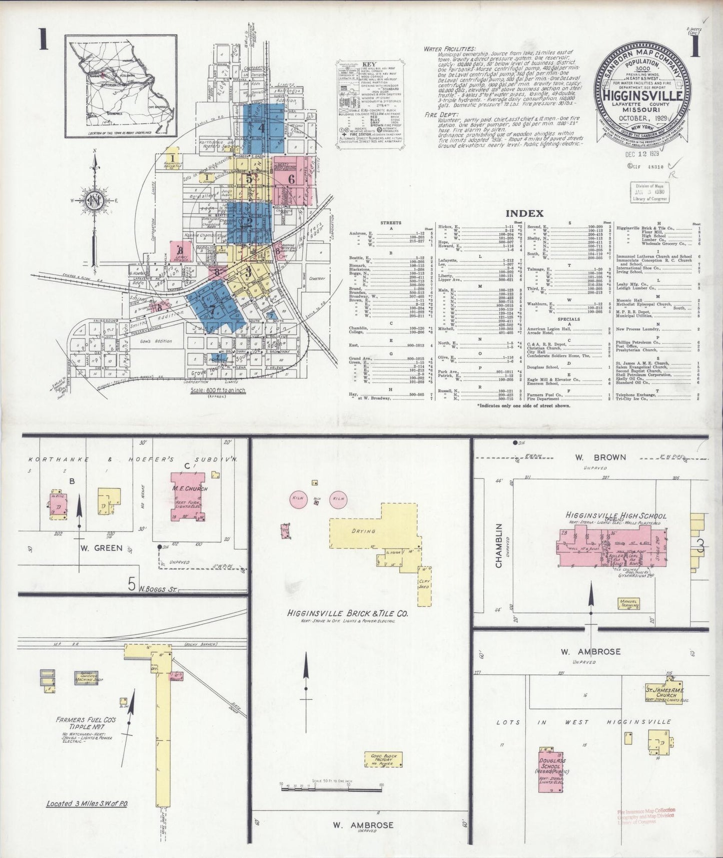 Sanborn Fire Insurance Map from Higginsville, Lafayette County, Missouri (1929), Sheet #0001 - Complete Map Set gallery image, historic Sanborn map, vintage wall art, Missouri Missouri