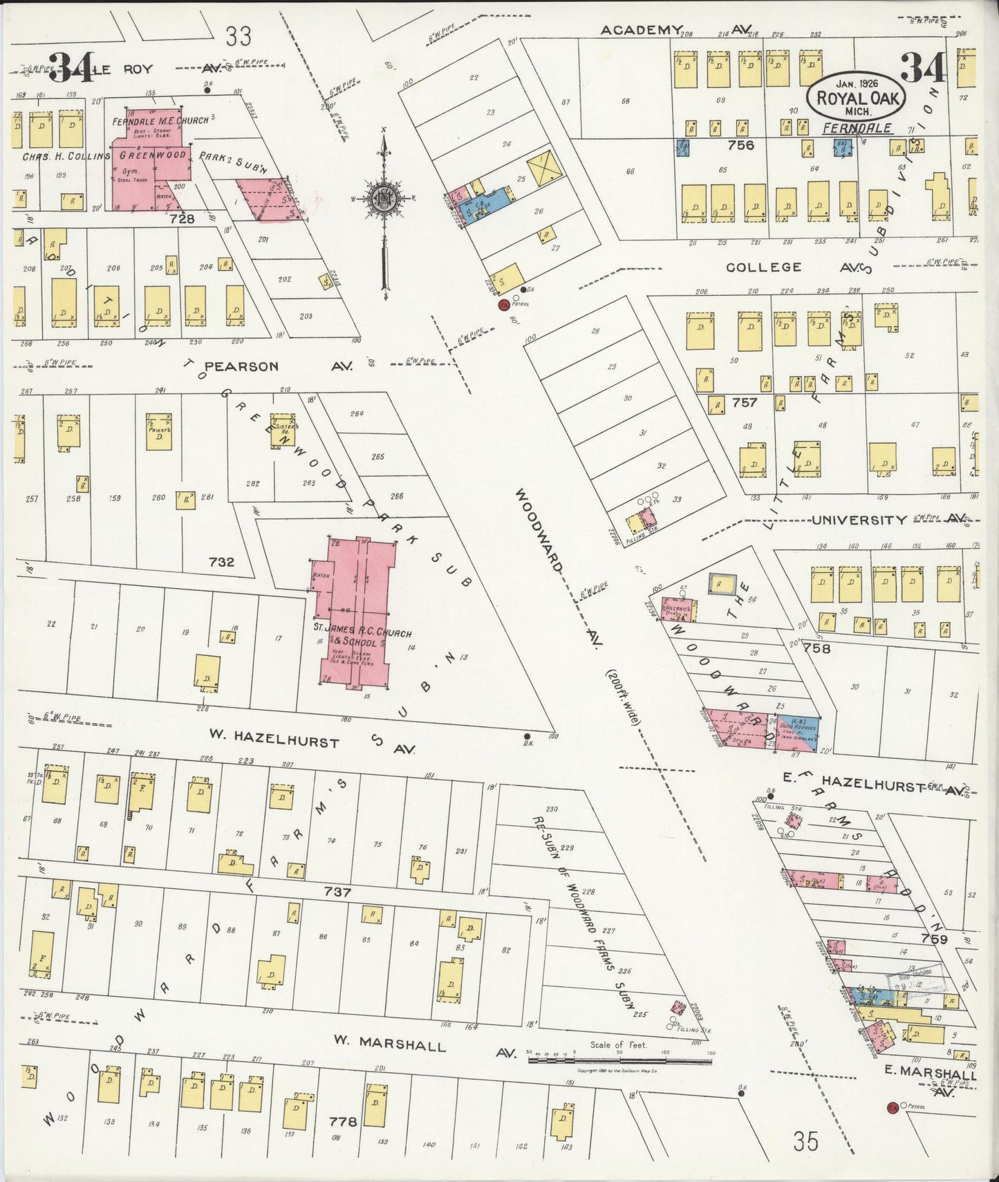 Sanborn Fire Insurance Map from Royal Oak, Oakland County, Michigan (1926), Sheet #0034 - Complete Map Set gallery image, historic Sanborn map, vintage wall art, Michigan Michigan
