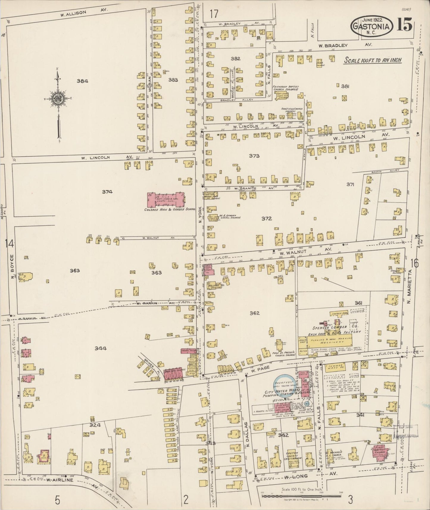 Sanborn Fire Insurance Map from Gastonia, Gaston County, North Carolina (1922), Sheet #0015 - Complete Map Set gallery image, historic Sanborn map, vintage wall art, North Carolina North Carolina