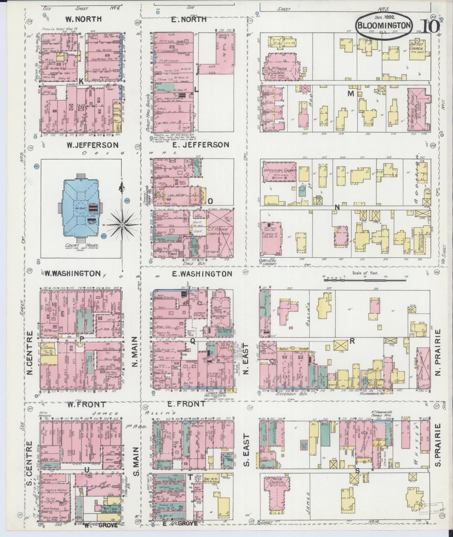 Sanborn Fire Insurance Map from Bloomington, McLean County, Illinois (1892), Sheet #0010 - Complete Map Set gallery image, historic Sanborn map, vintage wall art, Illinois Illinois