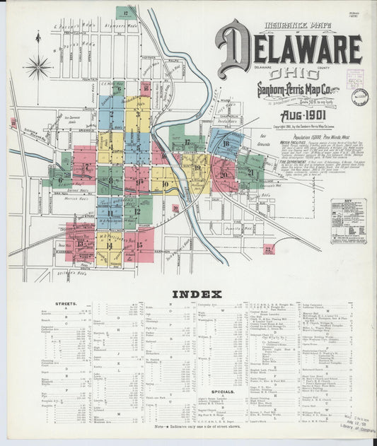 Sanborn Fire Insurance Map from Delaware, Delaware County, Ohio (1901), Sheet #0001 - Historic Sanborn Fire Insurance Map Print, vintage old map wall art, antique decor, genealogy gift, Sanborn Fire Insurance Map from Delaware Delaware map