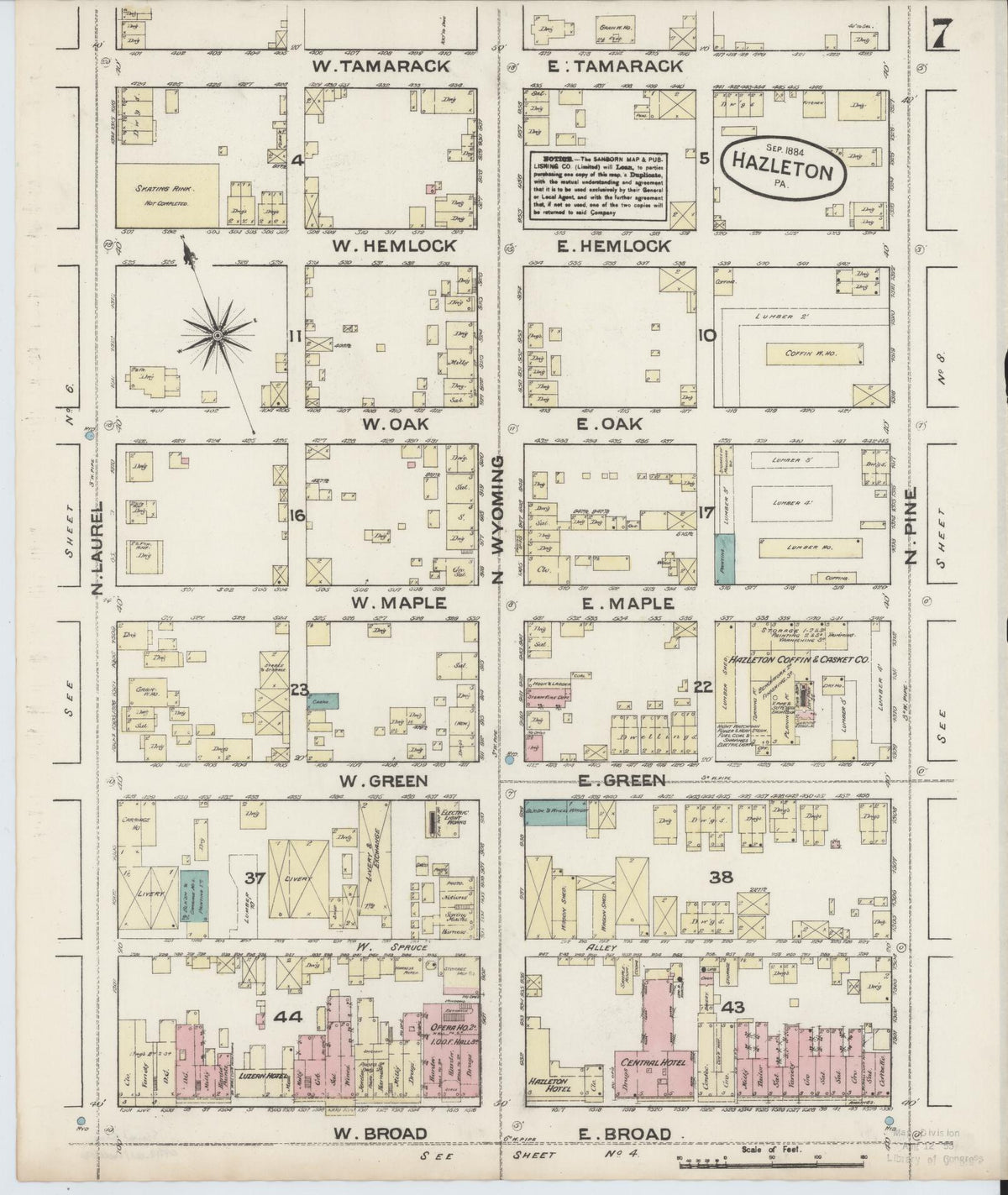 Sanborn Fire Insurance Map from Hazleton, Luzerne County, Pennsylvania (1884), Sheet #0007 - Historic Sanborn Fire Insurance Map Print, vintage old map wall art, antique decor, genealogy gift, Pennsylvania Pennsylvania map
