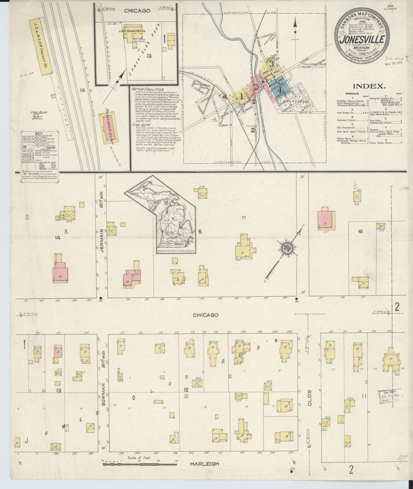 Sanborn Fire Insurance Map from Jonesville, Hillsdale County, Michigan (1913), Sheet #0001 - Complete Map Set gallery image, historic Sanborn map, vintage wall art, Michigan Michigan