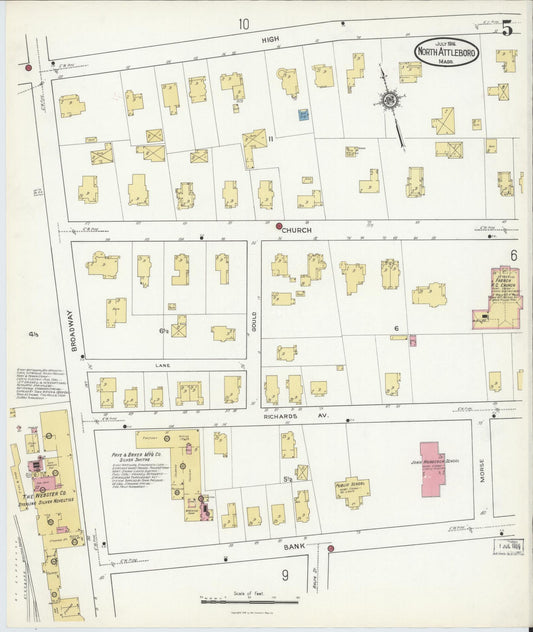 Sanborn Fire Insurance Map from North Attleborough, Bristol County, Massachusetts (1916), Sheet #0005 - Historic Sanborn Fire Insurance Map Print, vintage old map wall art, antique decor, genealogy gift, Massachusetts Massachusetts map