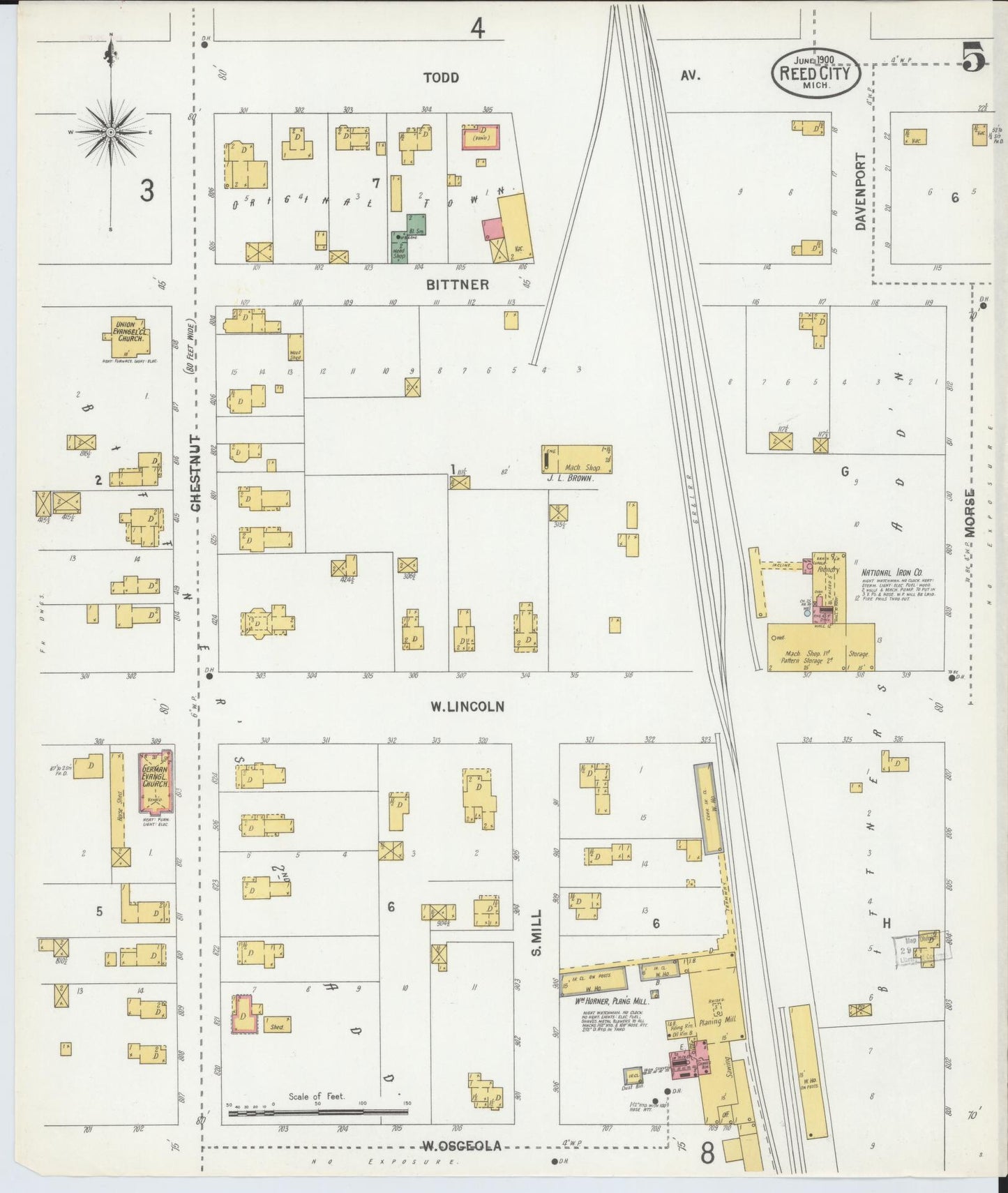 Sanborn Fire Insurance Map from Reed City, Osceola County, Michigan (1900), Sheet #0005 - Complete Map Set gallery image, historic Sanborn map, vintage wall art, Michigan Michigan