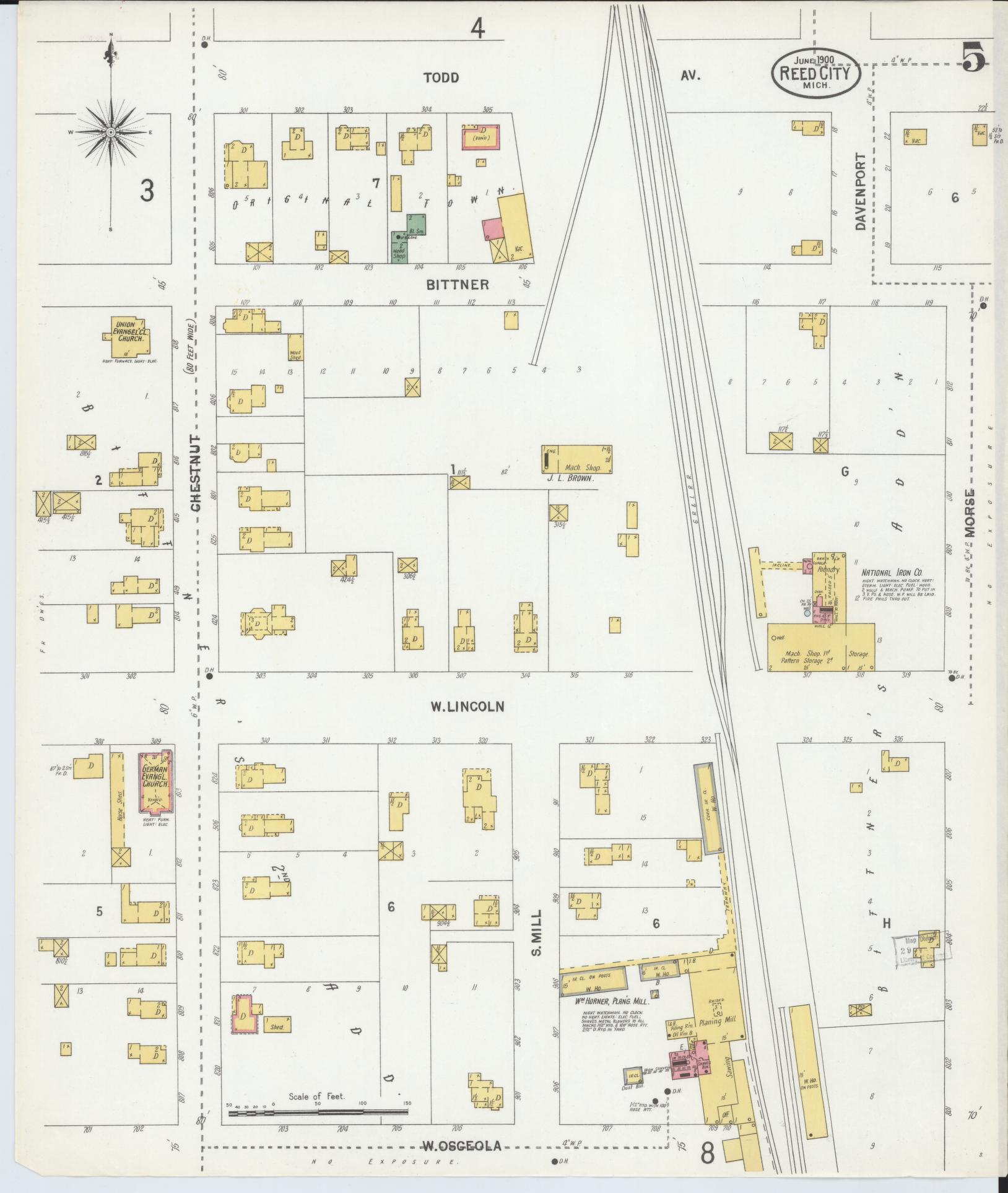 Sanborn Fire Insurance Map from Reed City, Osceola County, Michigan (1900), Sheet #0005 - Complete Map Set gallery image, historic Sanborn map, vintage wall art, Michigan Michigan