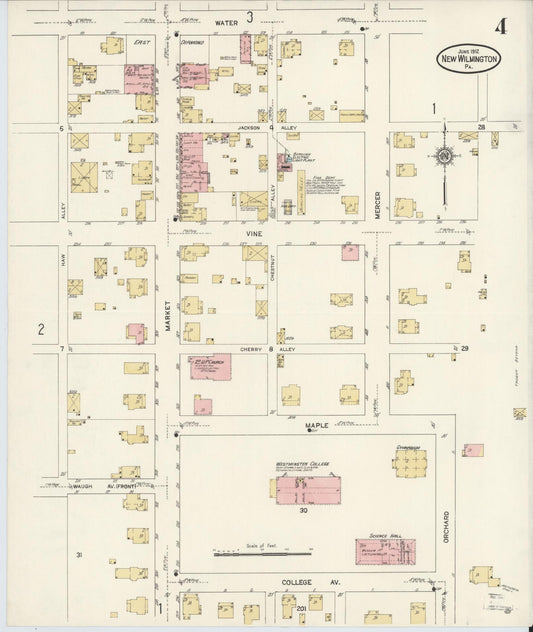 Sanborn Fire Insurance Map from New Wilmington, Lawrence County, Pennsylvania (1912), Sheet #0004 - Historic Sanborn Fire Insurance Map Print, vintage old map wall art, antique decor, genealogy gift, Pennsylvania Pennsylvania map