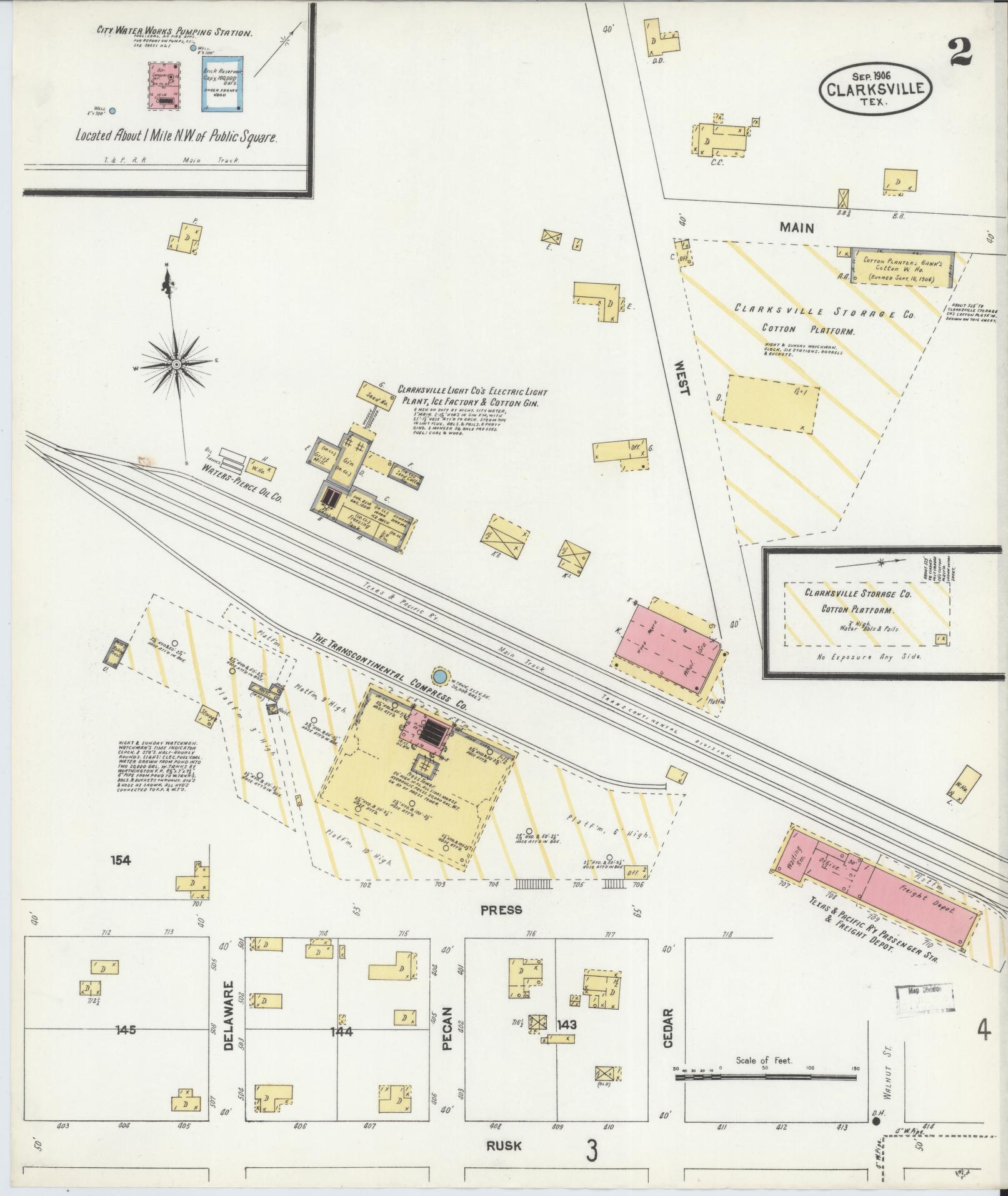 Sanborn Fire Insurance Map from Clarksville, Red River County, Texas (1906), Sheet #0002 - Complete Map Set gallery image, historic Sanborn map, vintage wall art, Texas Texas
